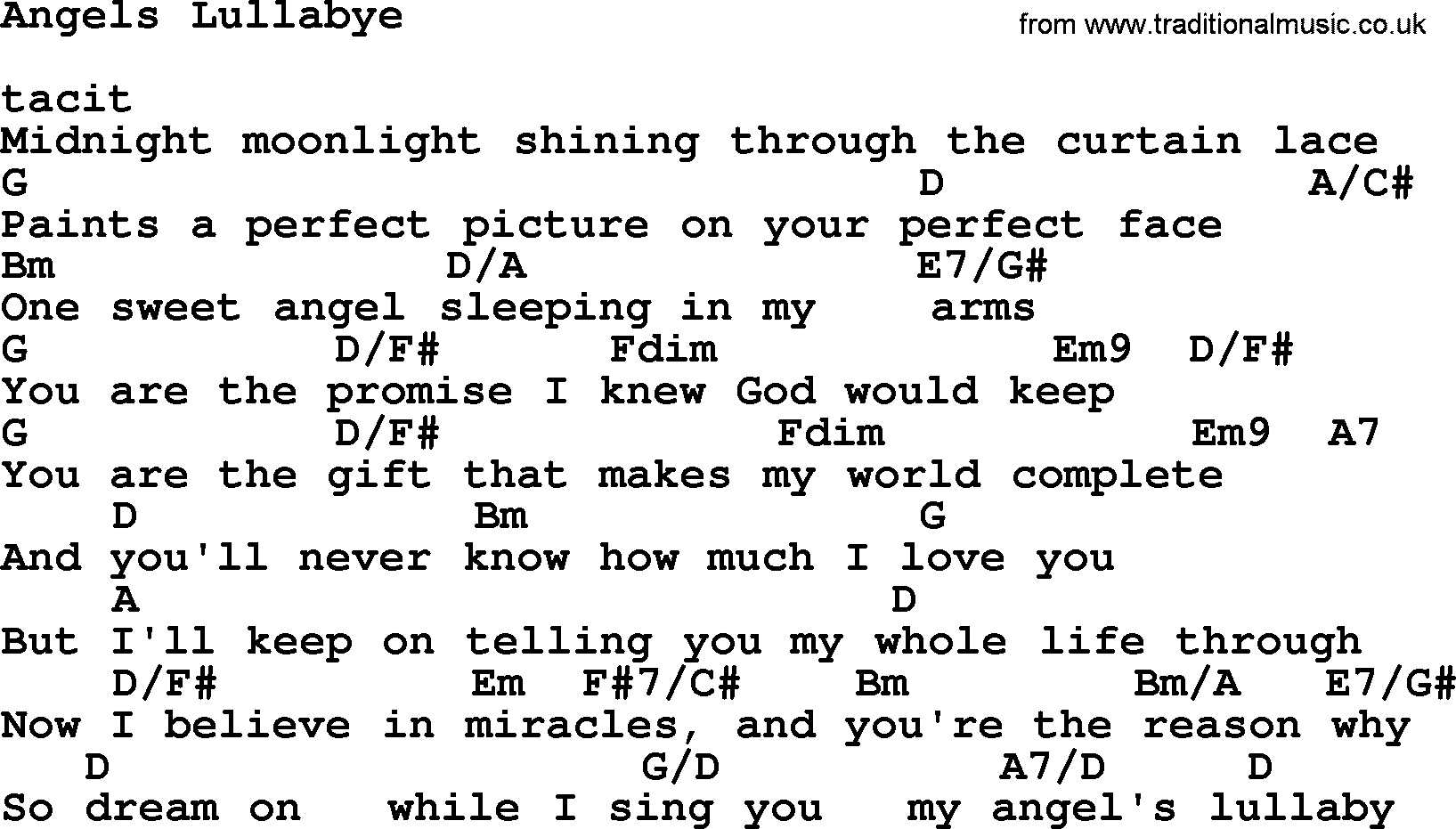 Reba McEntire song: Angels Lullabye, lyrics and chords