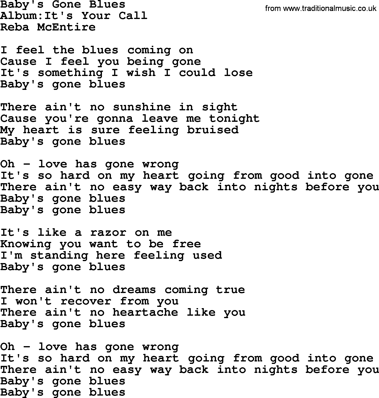 Reba McEntire song: Baby's Gone Blues lyrics
