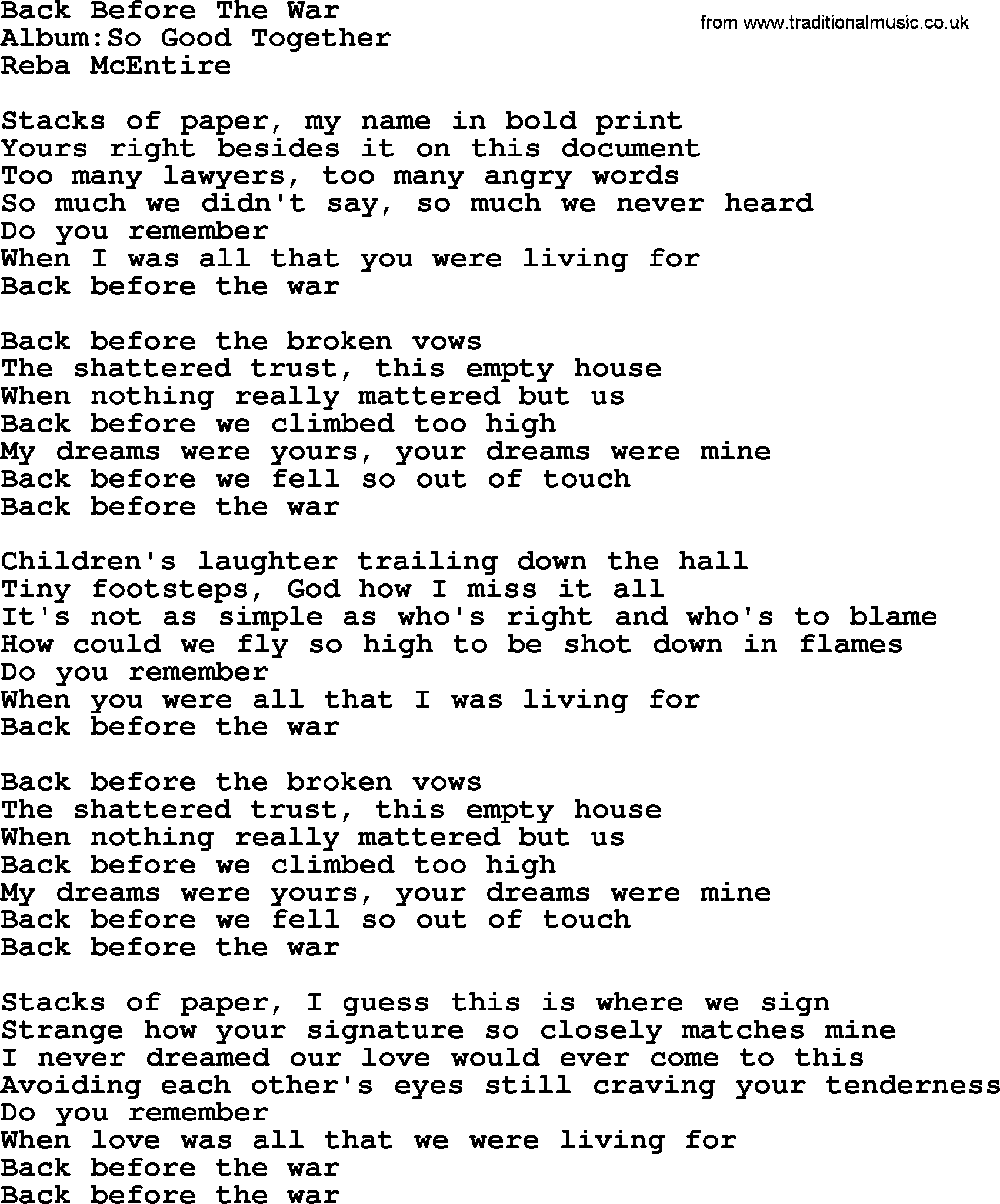 Reba McEntire song: Back Before The War lyrics