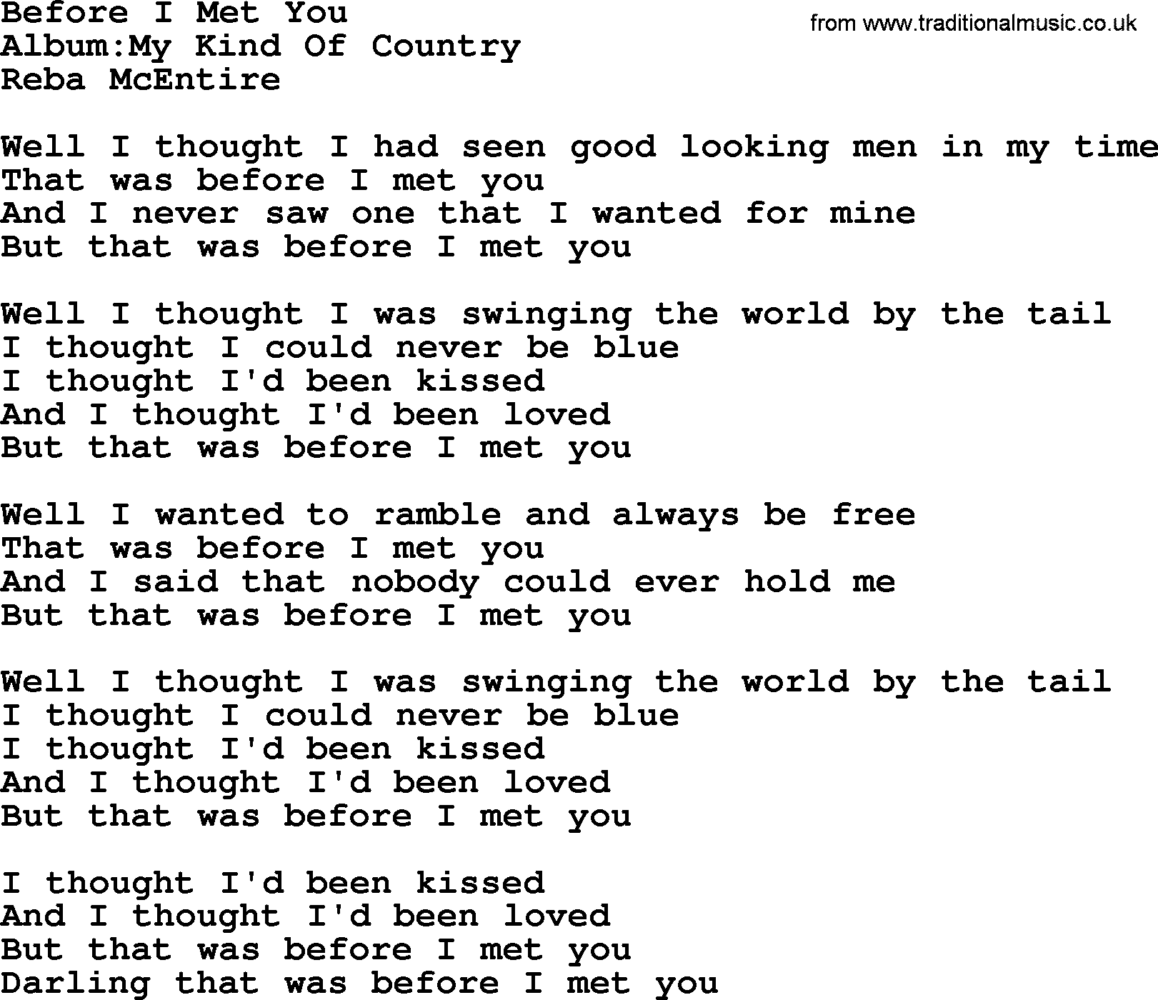 Reba McEntire song: Before I Met You lyrics