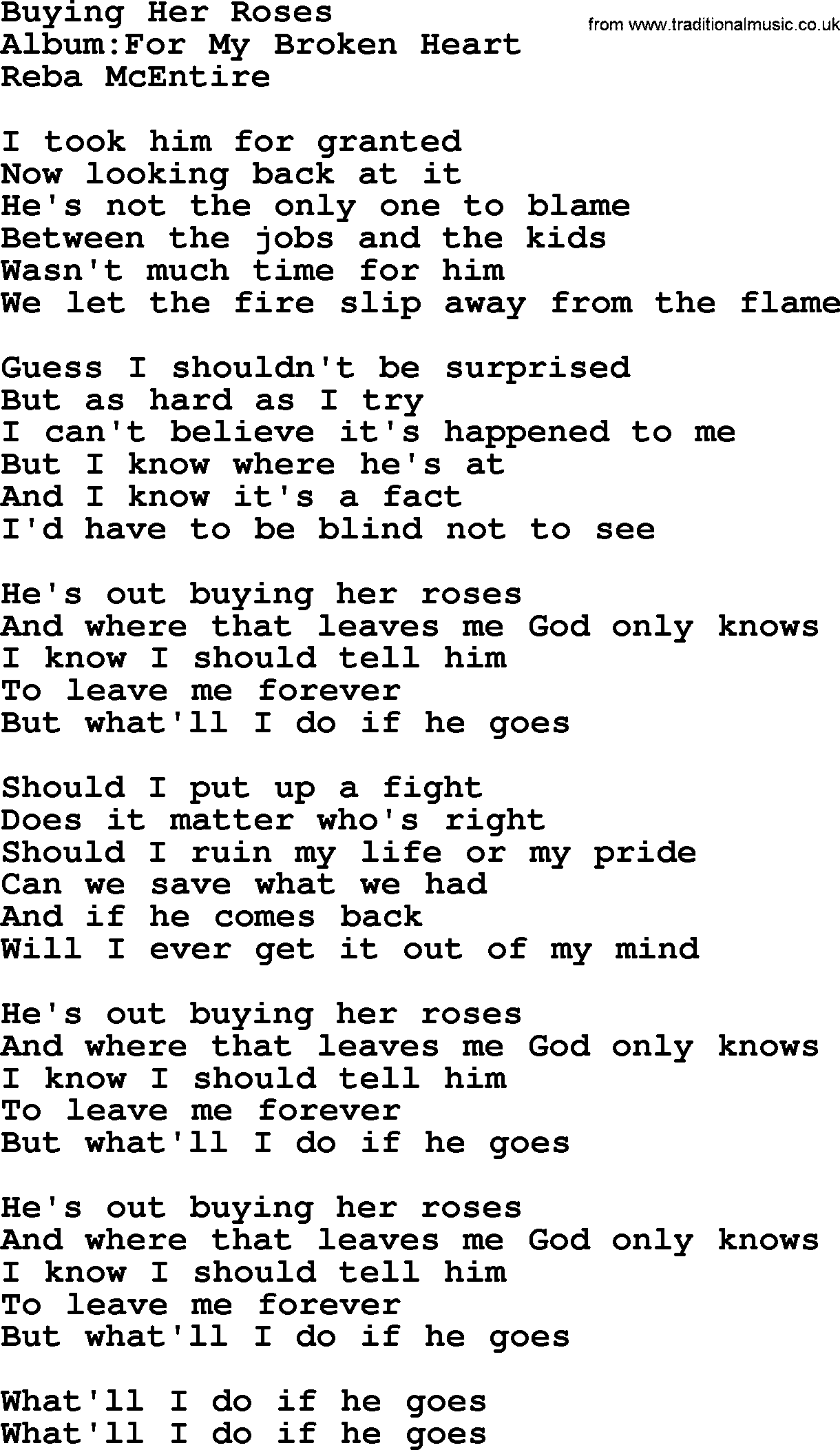 Reba McEntire song: Buying Her Roses lyrics
