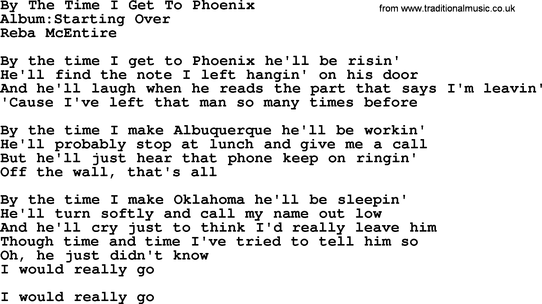Reba McEntire song: By The Time I Get To Phoenix lyrics