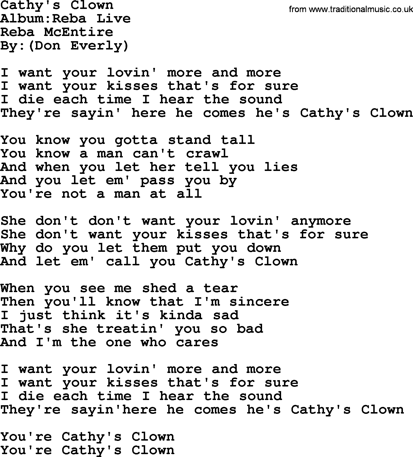 Reba McEntire song: Cathy's Clown lyrics