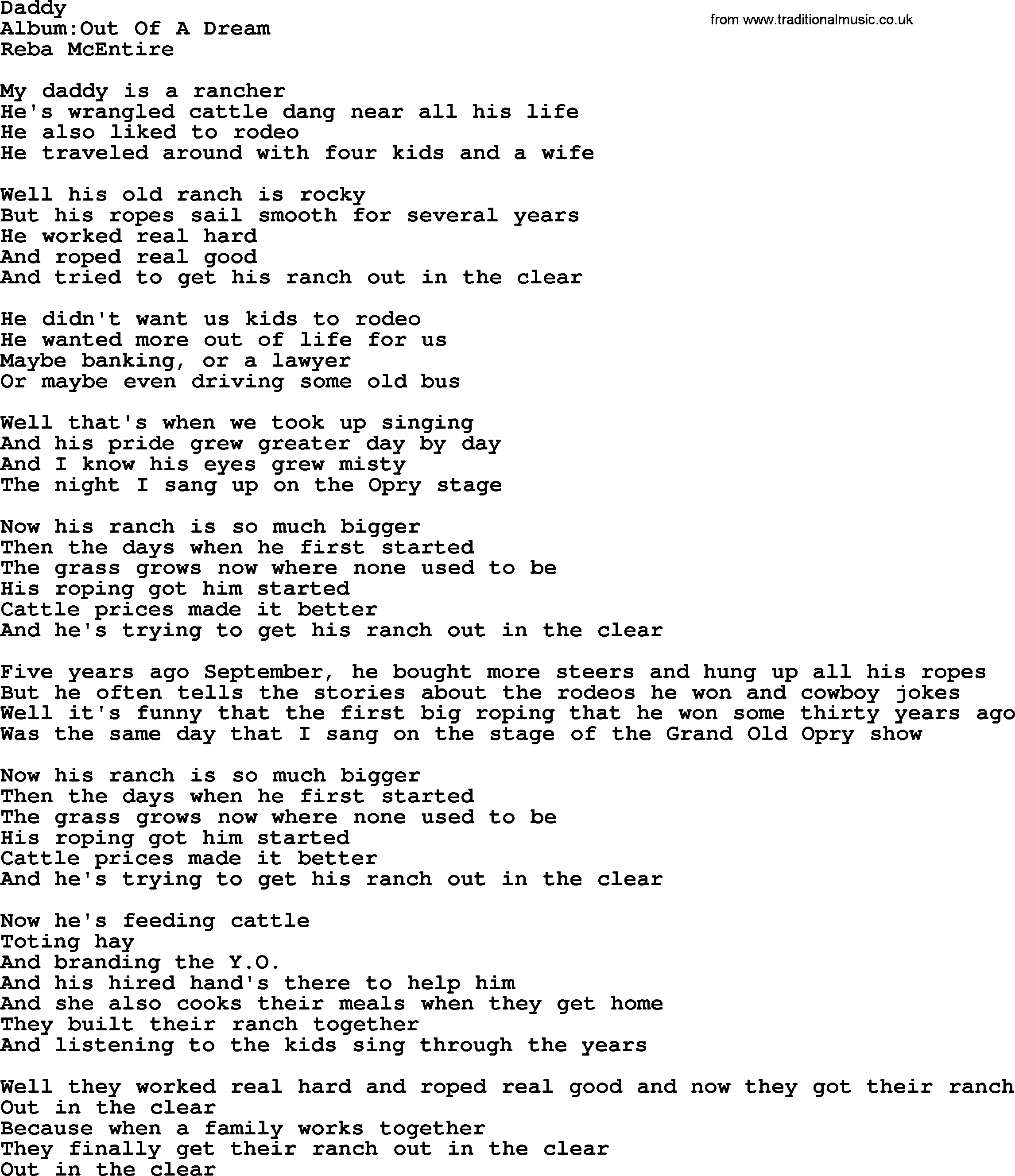 Reba McEntire song: Daddy lyrics