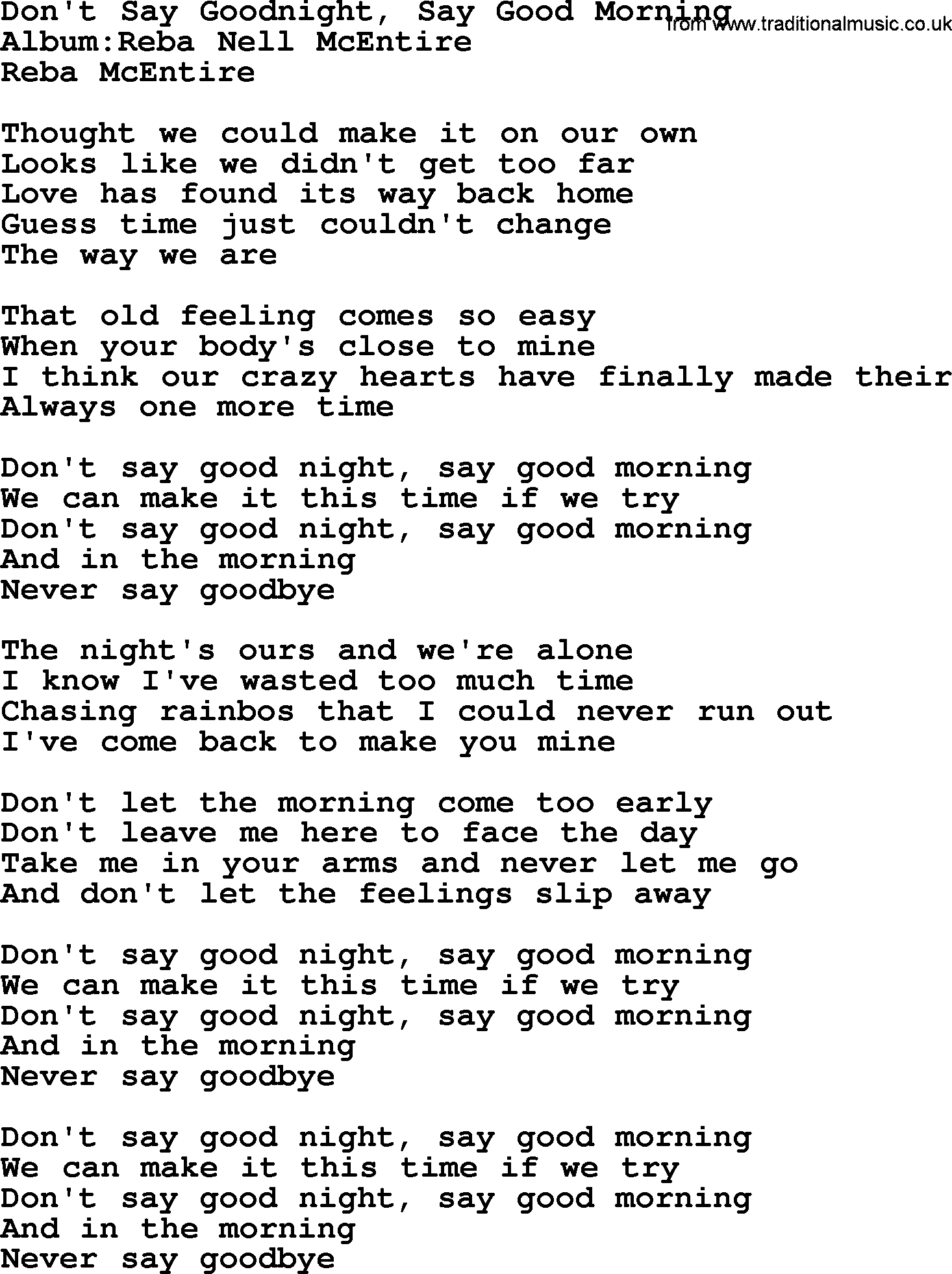 Reba McEntire song: Don't Say Goodnight, Say Good Morning lyrics