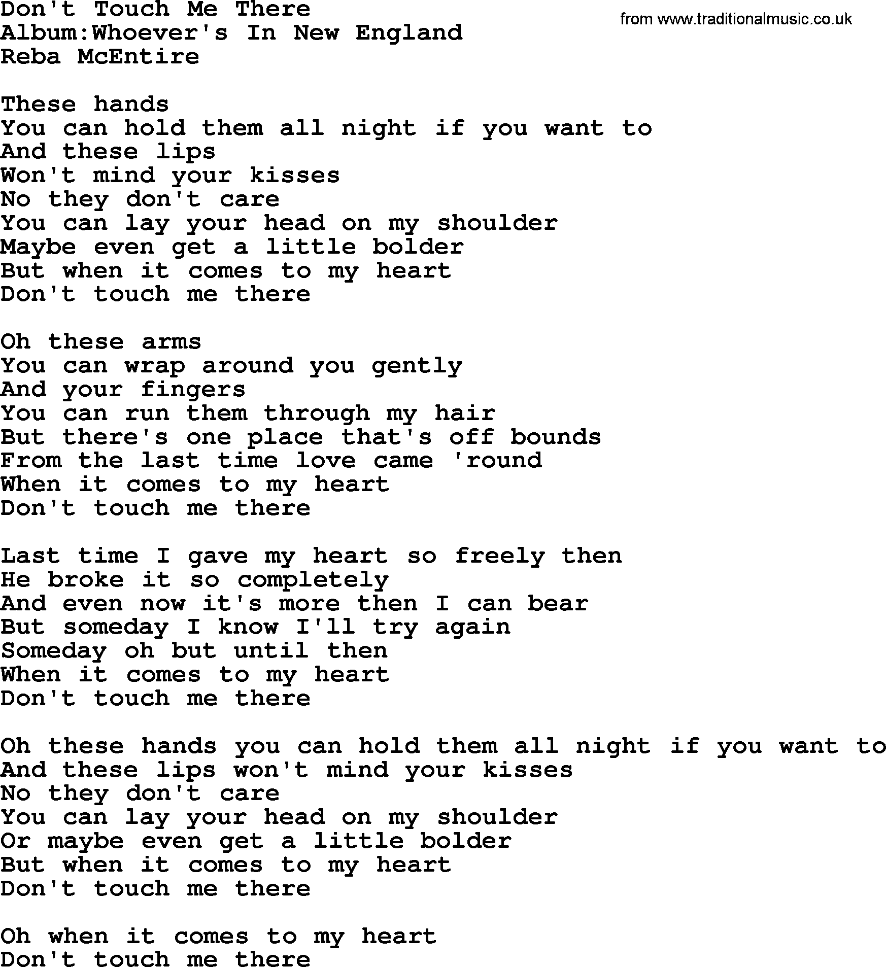 Reba McEntire song: Don't Touch Me There lyrics