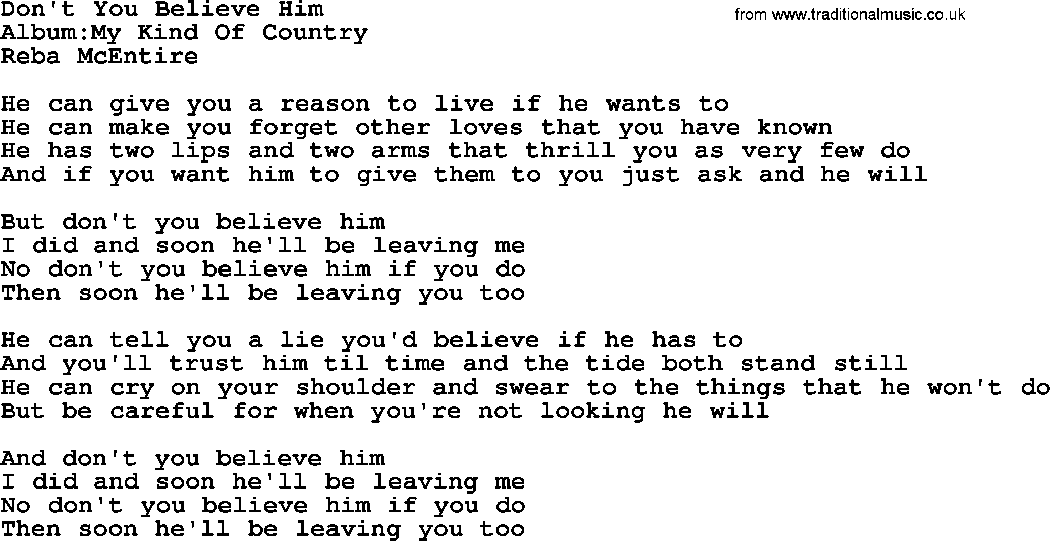 Reba McEntire song: Don't You Believe Him lyrics