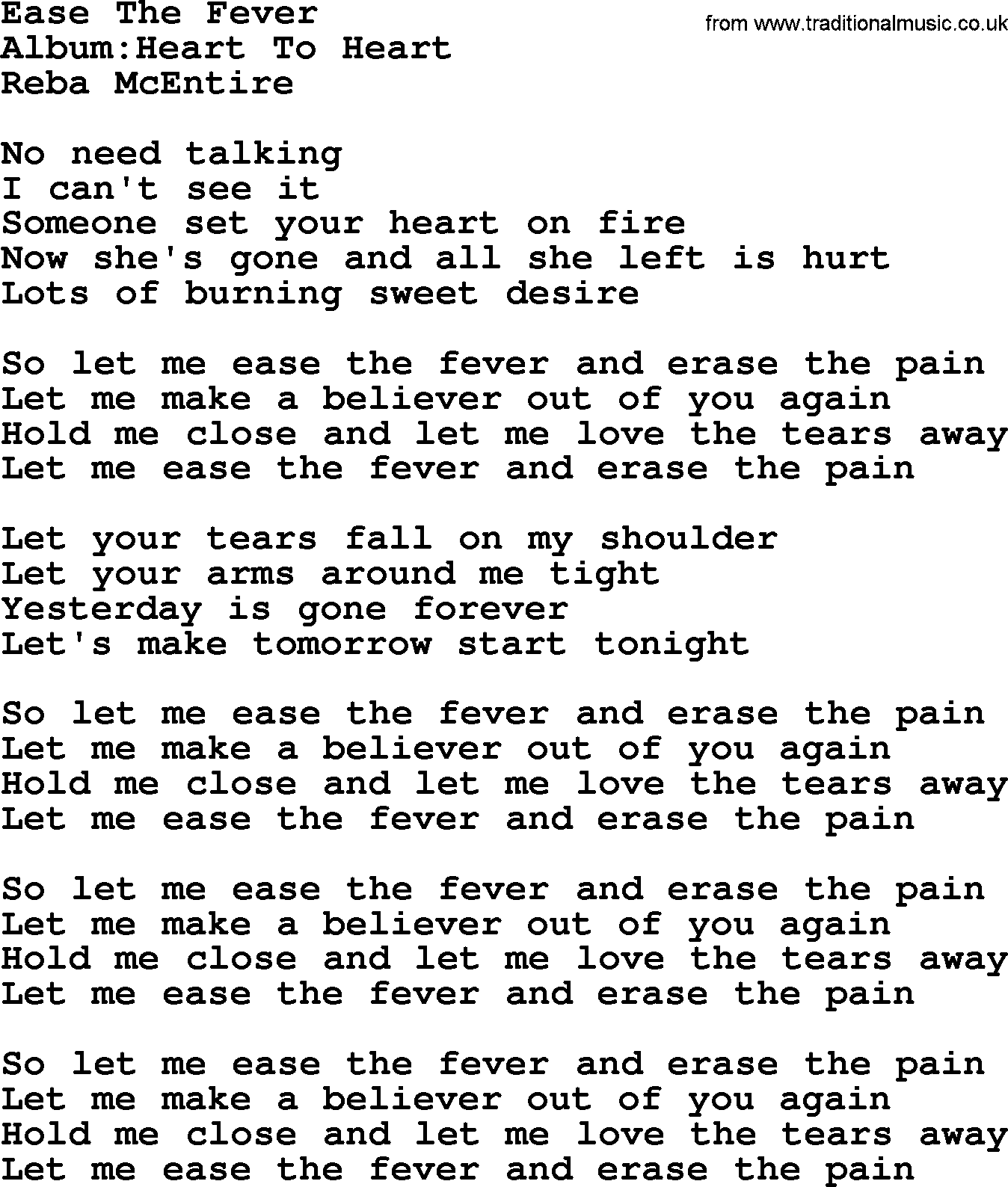 Reba McEntire song: Ease The Fever lyrics