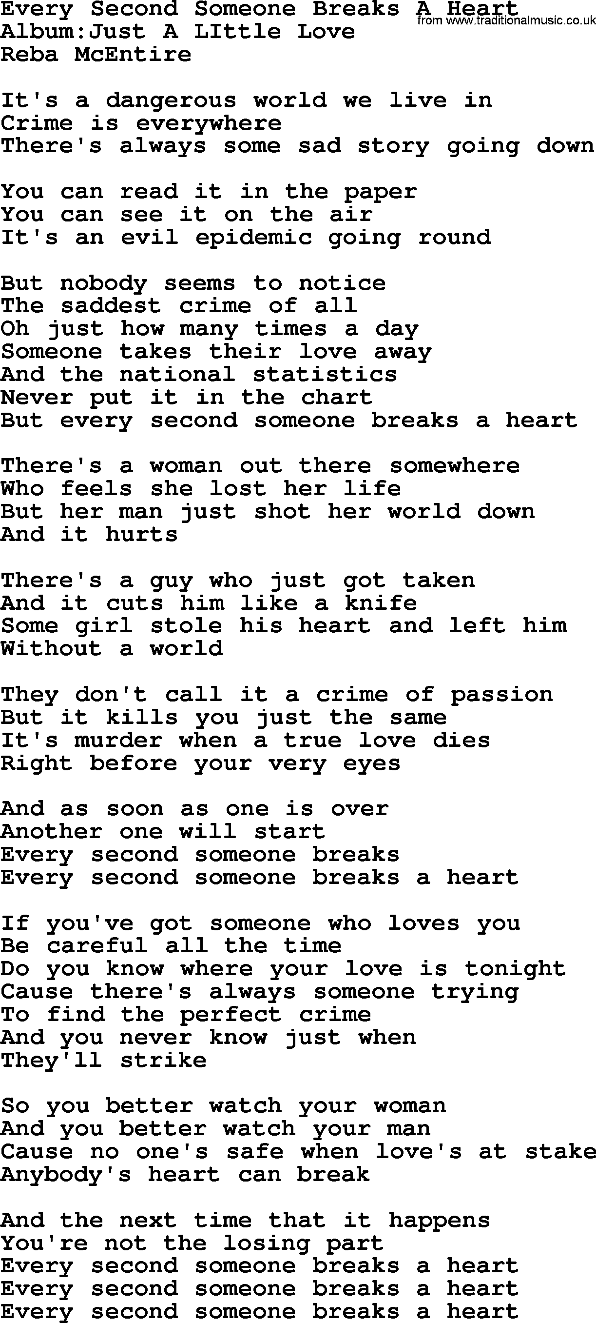 Reba McEntire song: Every Second Someone Breaks A Heart lyrics