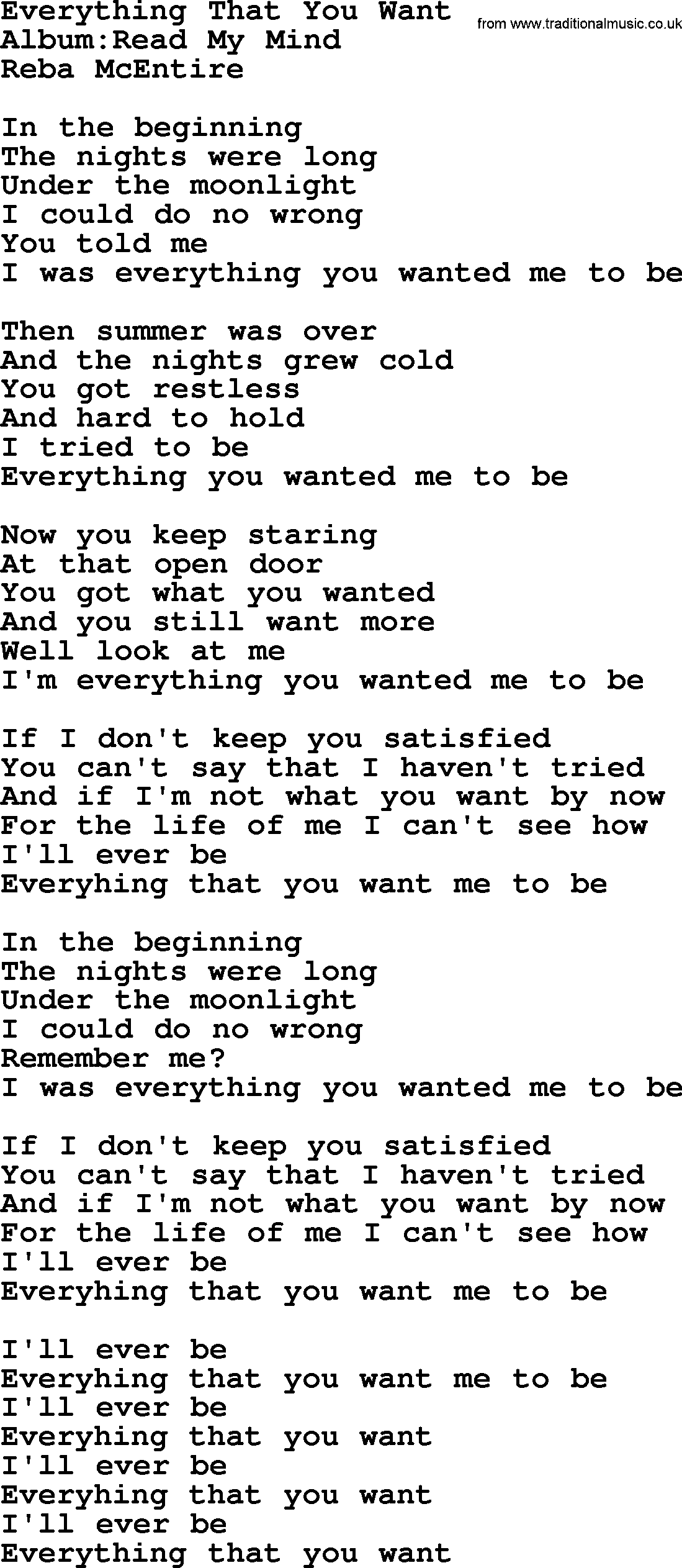 Reba McEntire song: Everything That You Want lyrics