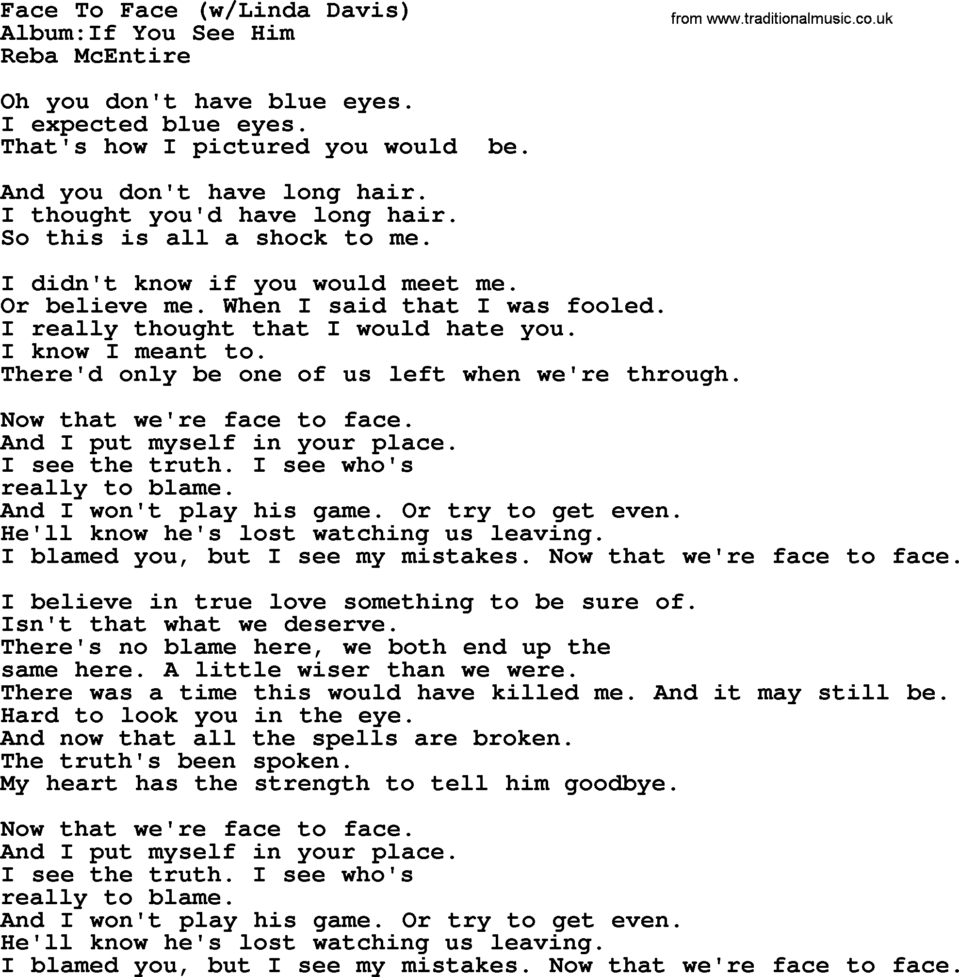 Reba McEntire song: Face To Face lyrics