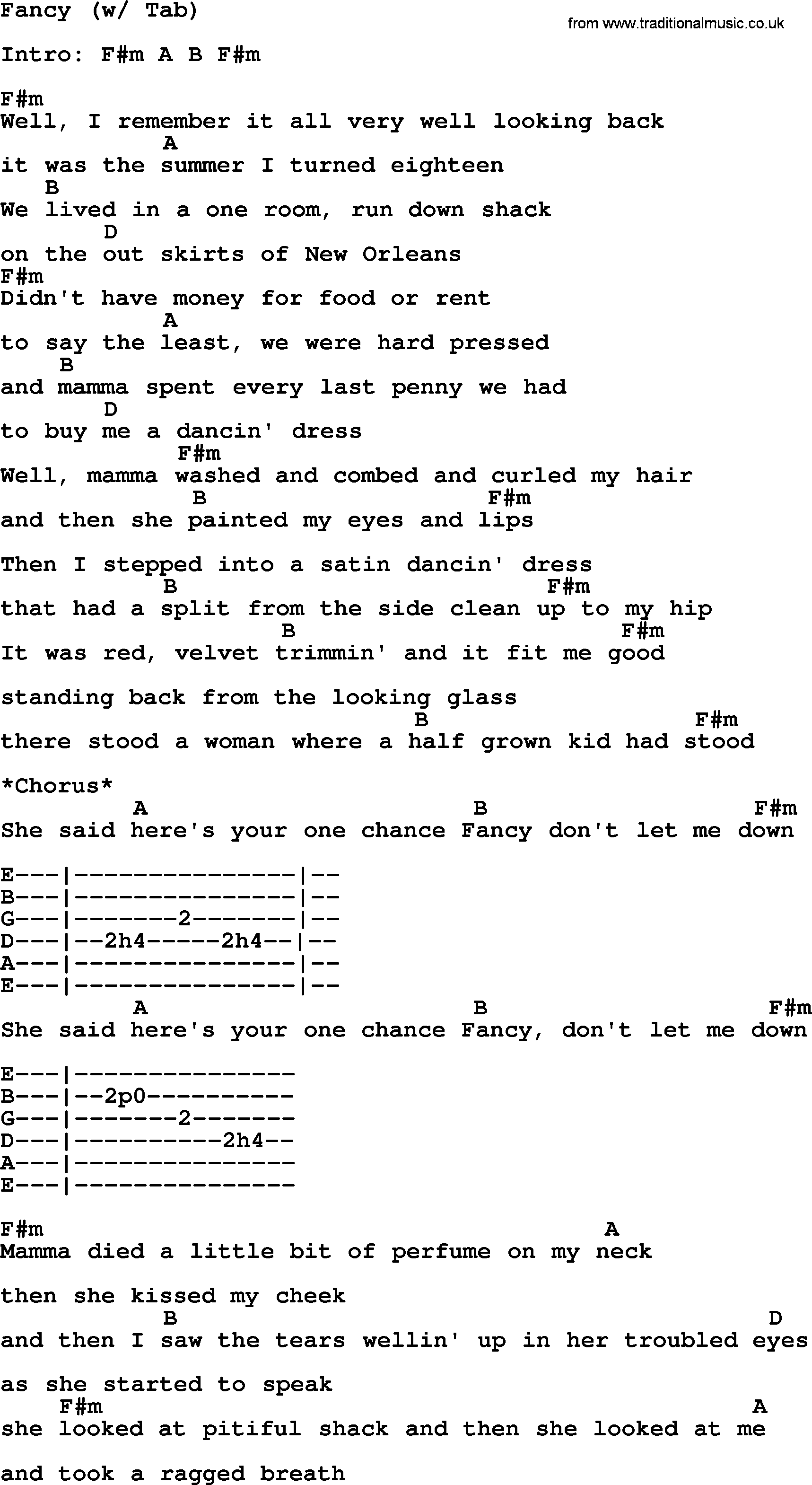 Reba McEntire song: Fancy (Tab), lyrics and chords