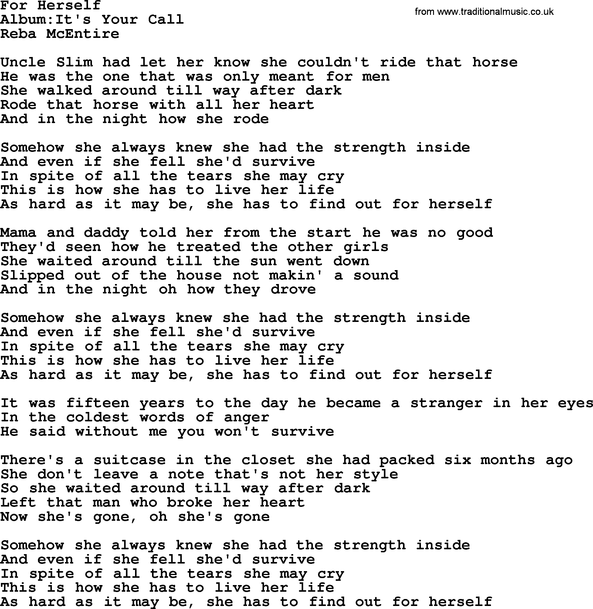 Reba McEntire song: For Herself lyrics
