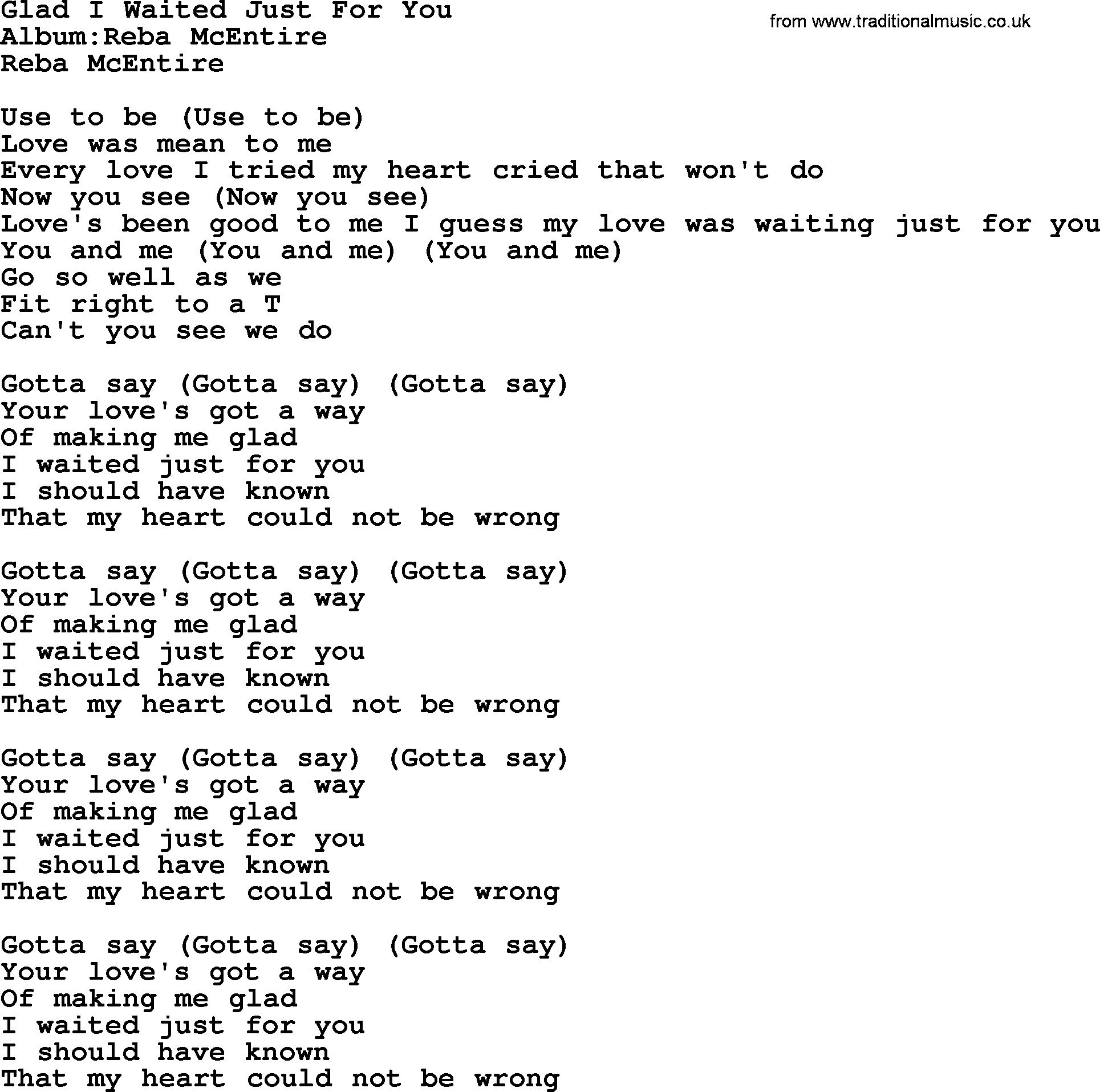 Reba McEntire song: Glad I Waited Just For You lyrics