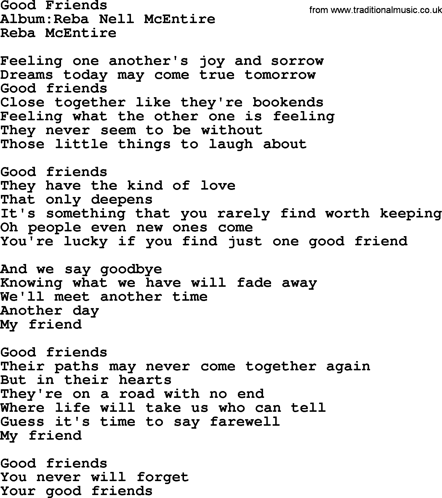 Reba McEntire song: Good Friends lyrics