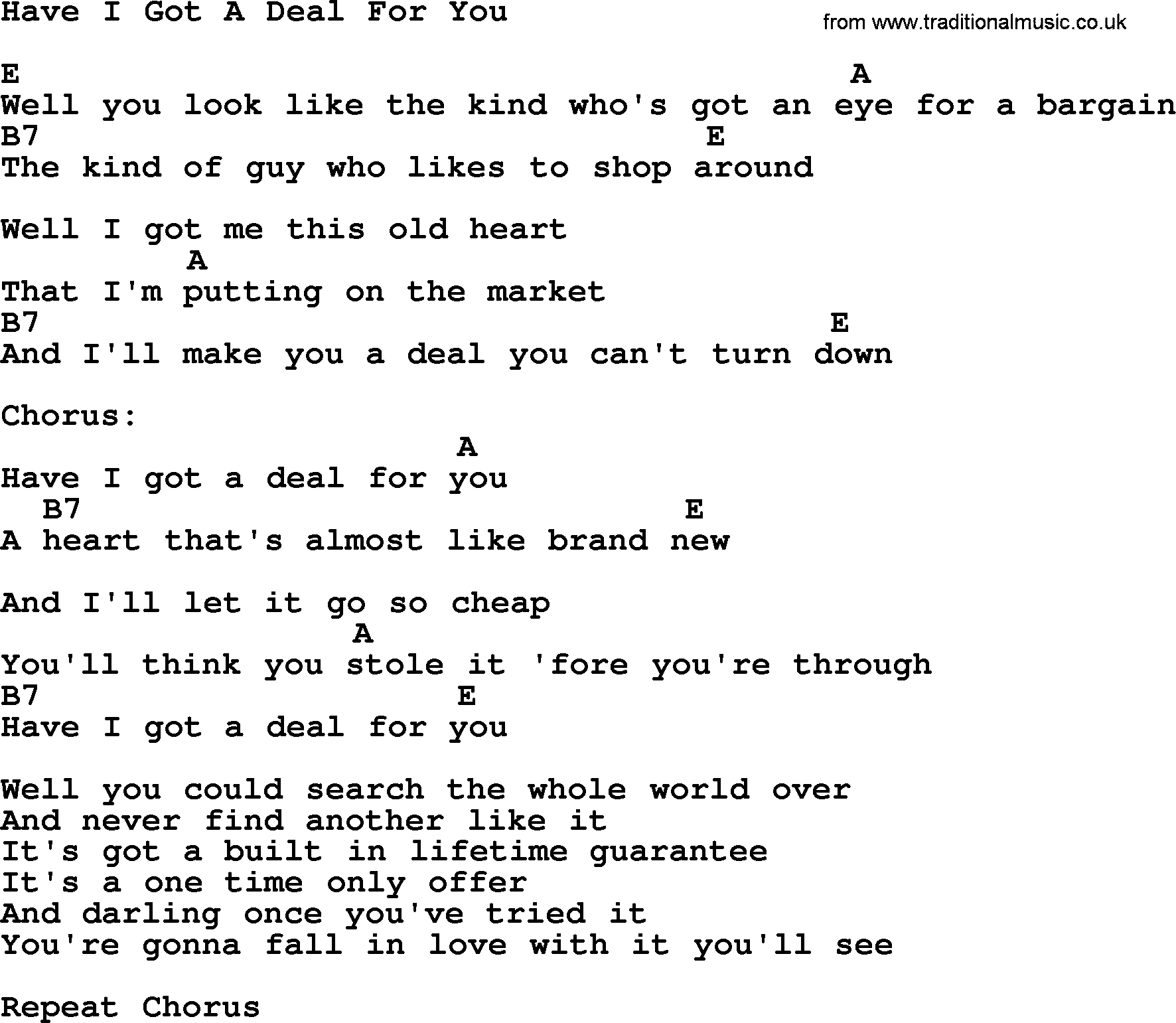 Reba McEntire song: Have I Got A Deal For You, lyrics and chords