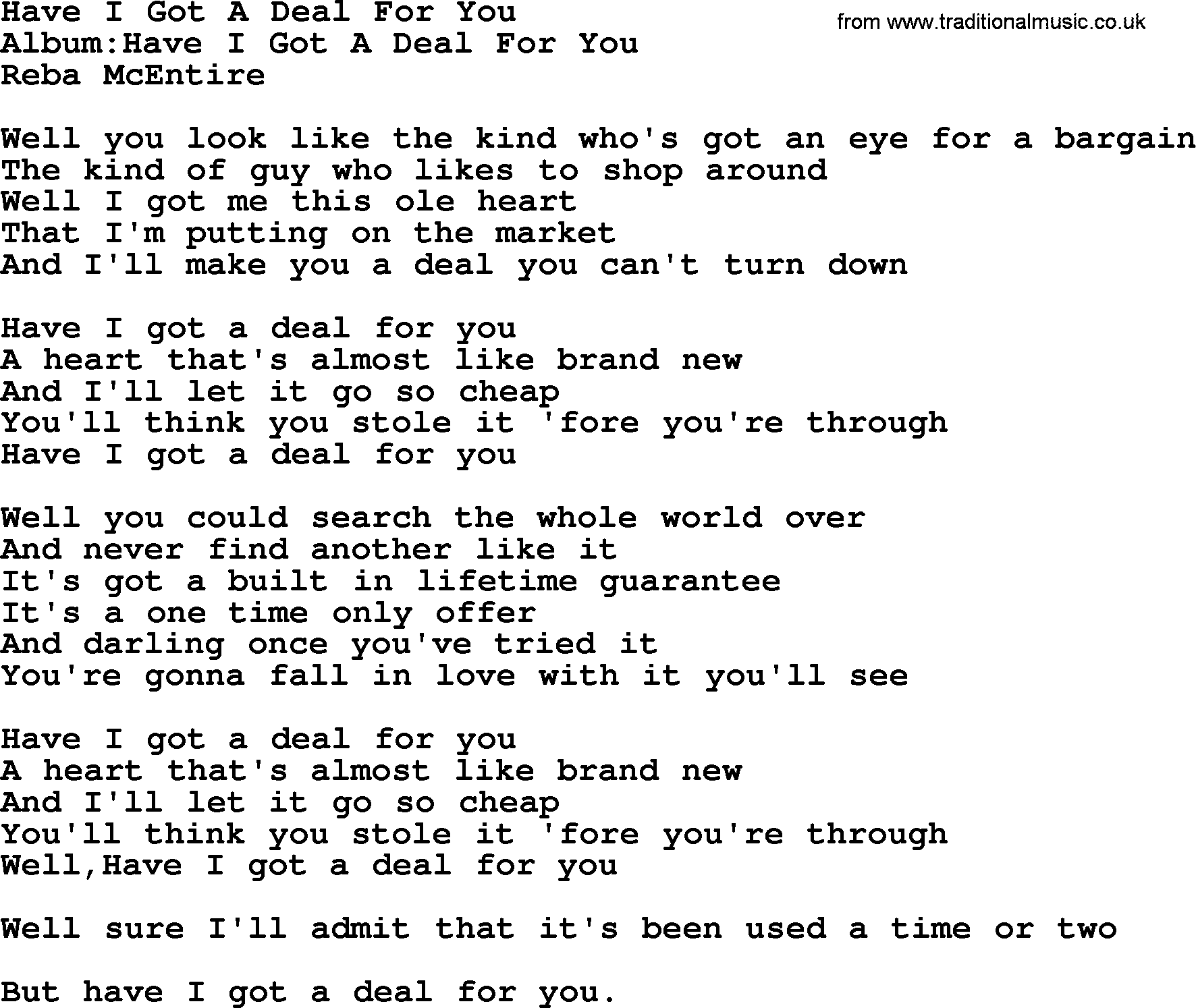 Reba McEntire song: Have I Got A Deal For You lyrics
