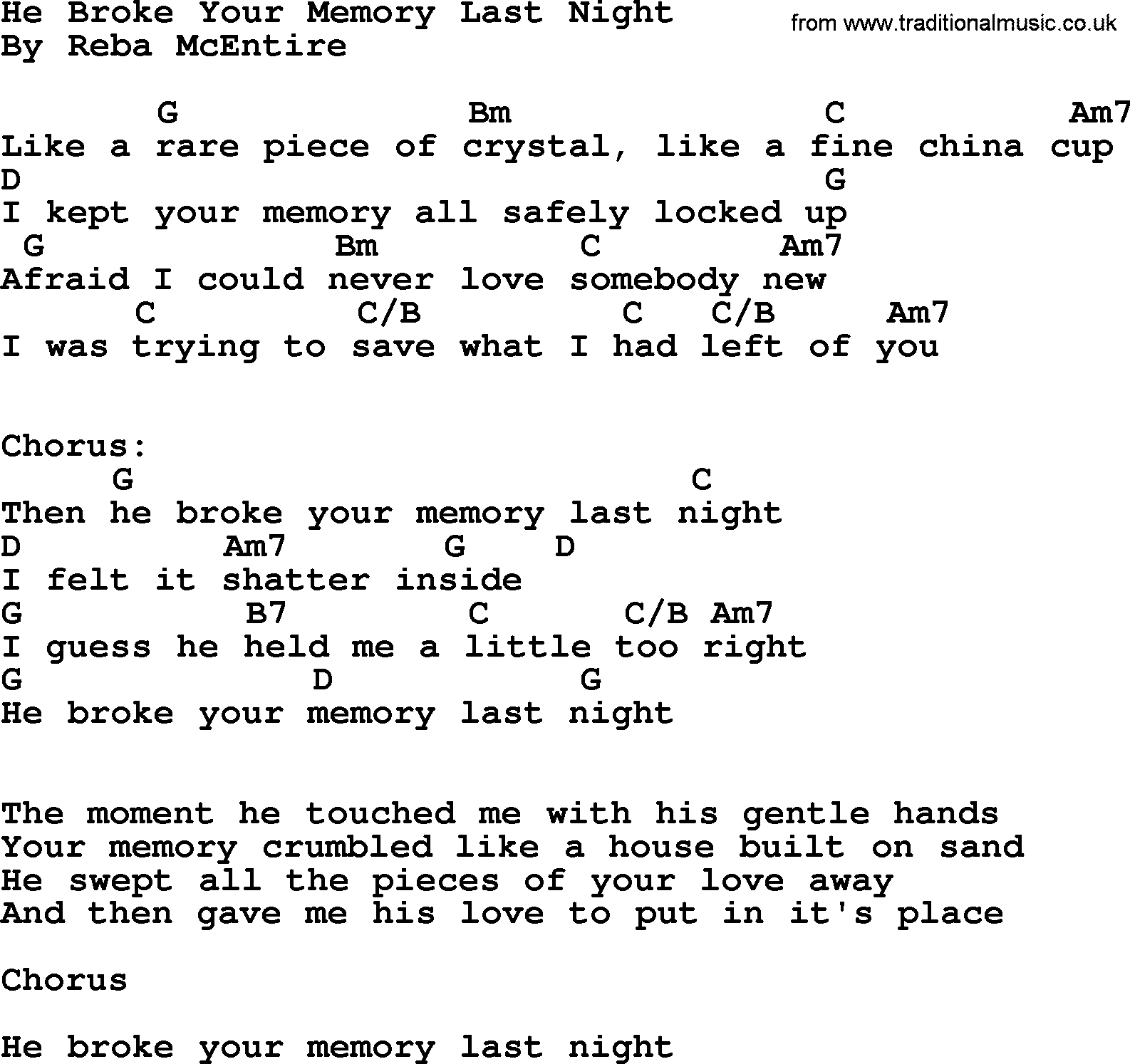 Reba McEntire song: He Broke Your Memory Last Night, lyrics and chords