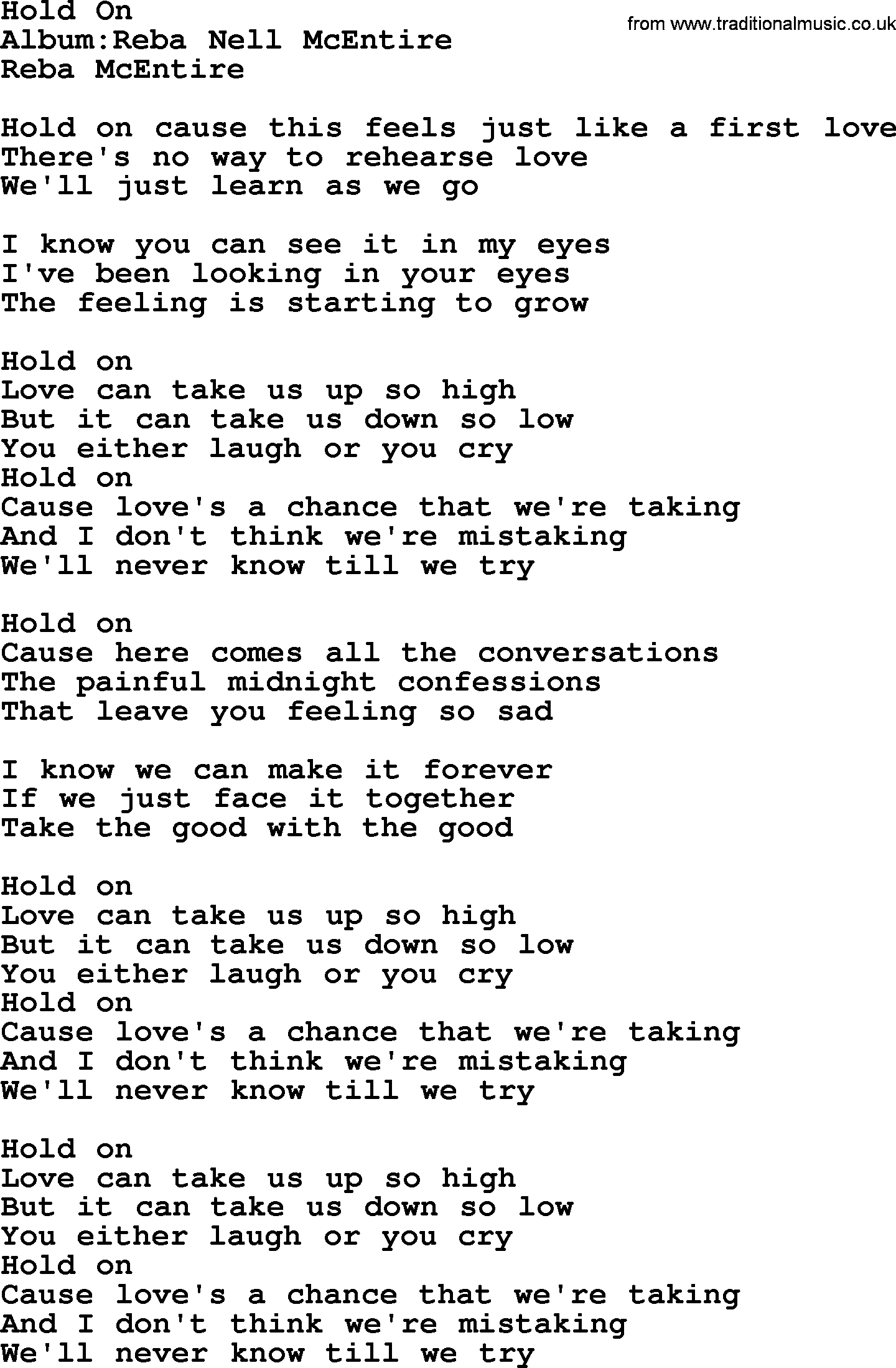 Reba McEntire song: Hold On lyrics