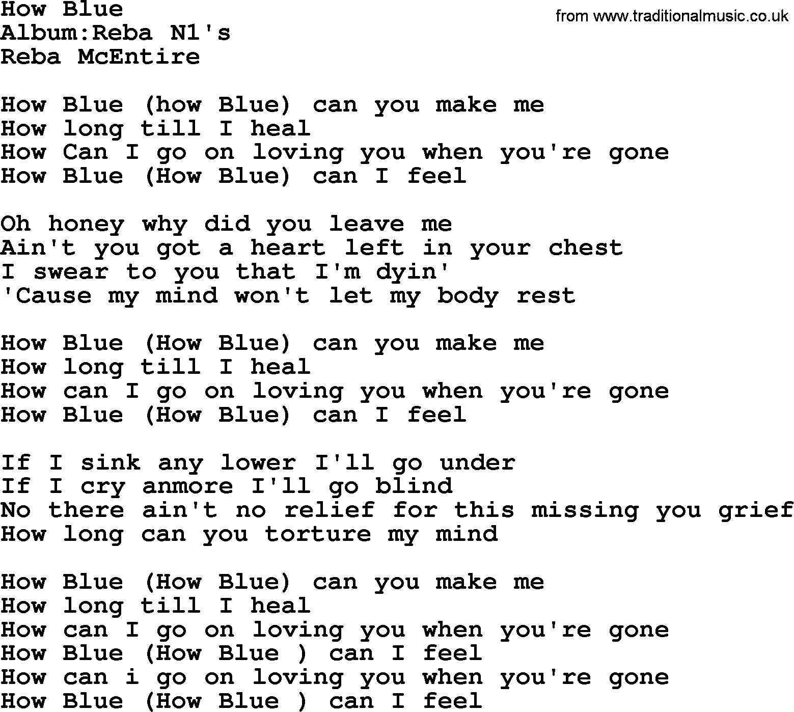 Reba McEntire song: How Blue lyrics