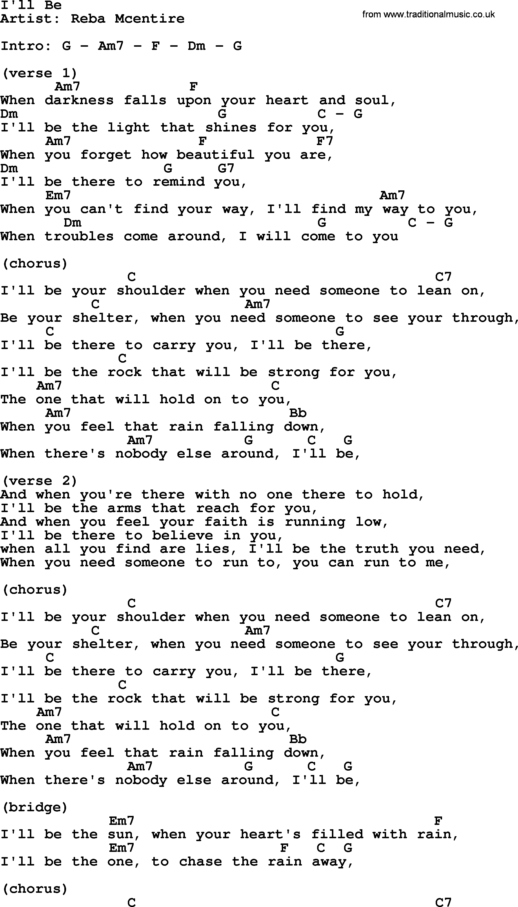Reba McEntire song: I'll Be, lyrics and chords