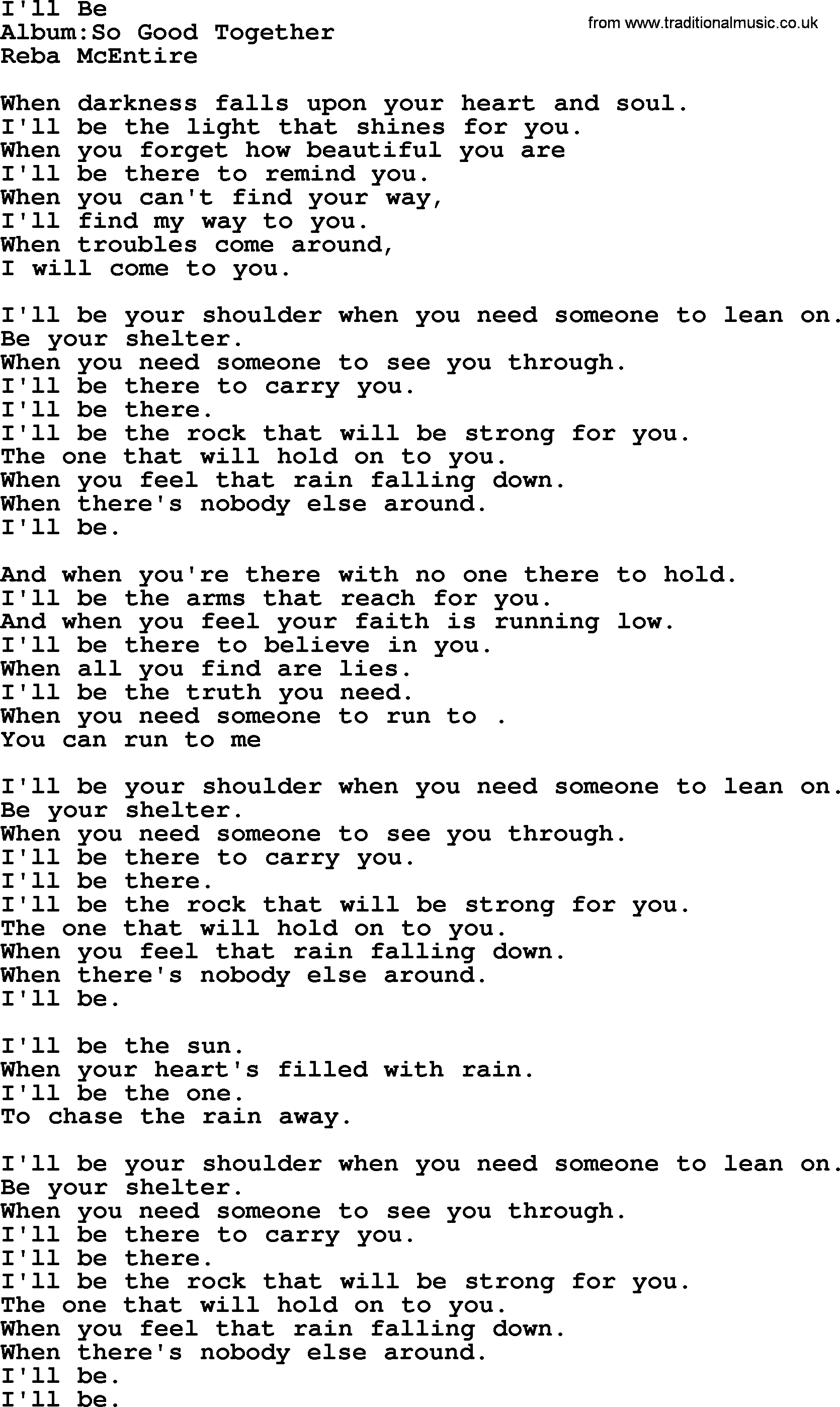 Reba McEntire song: I'll Be lyrics