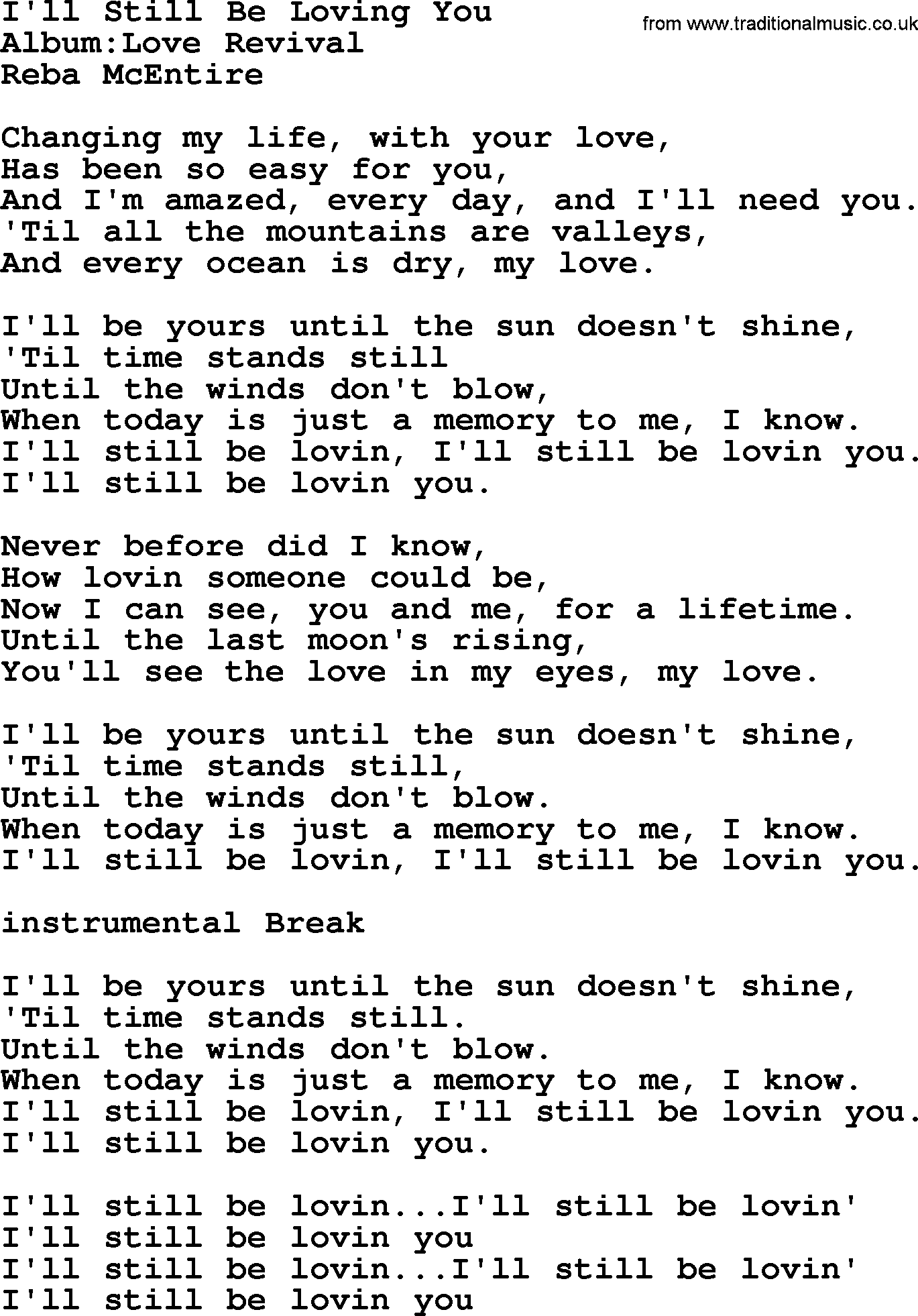 Reba McEntire song: I'll Still Be Loving You lyrics
