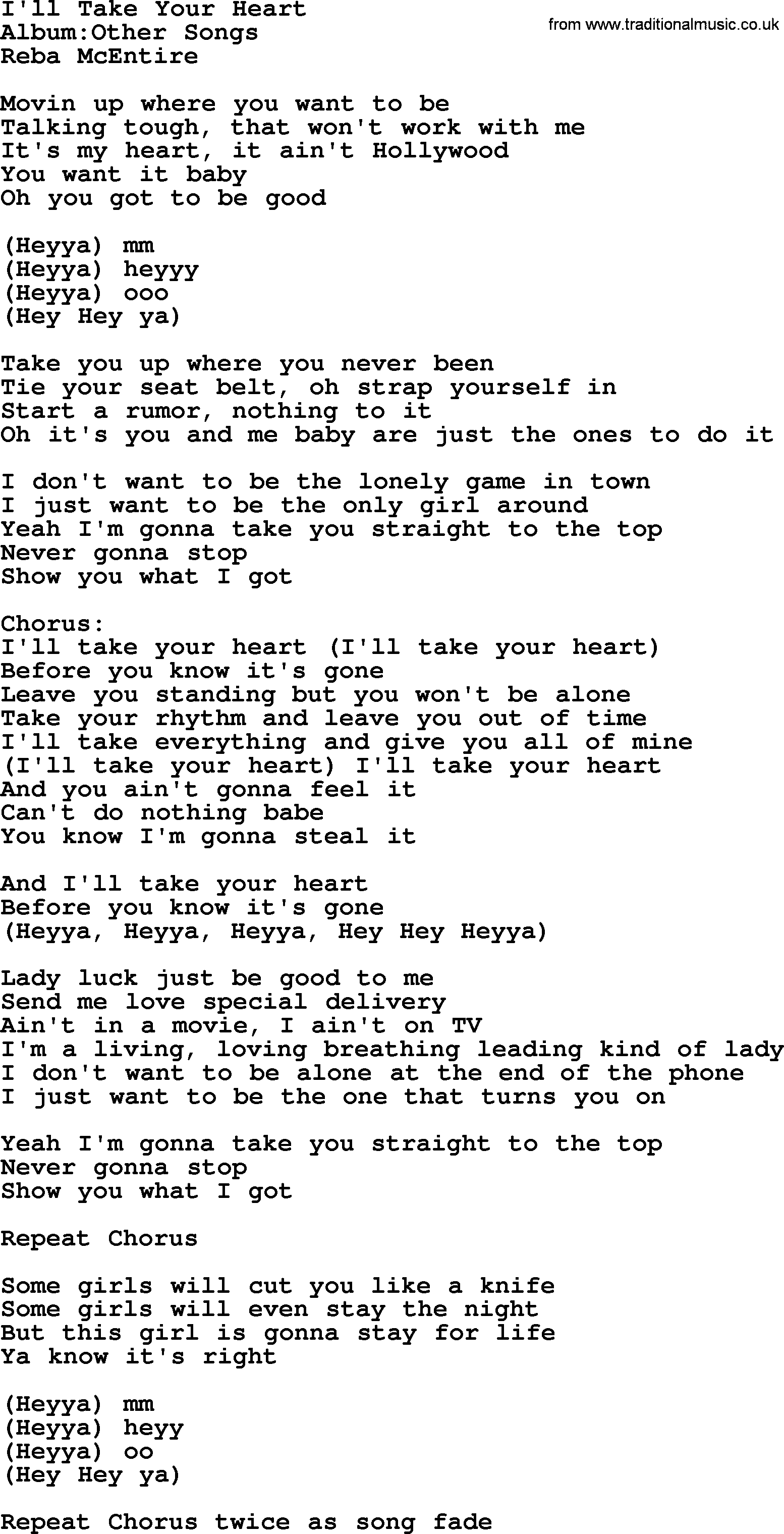 Reba McEntire song: I'll Take Your Heart lyrics