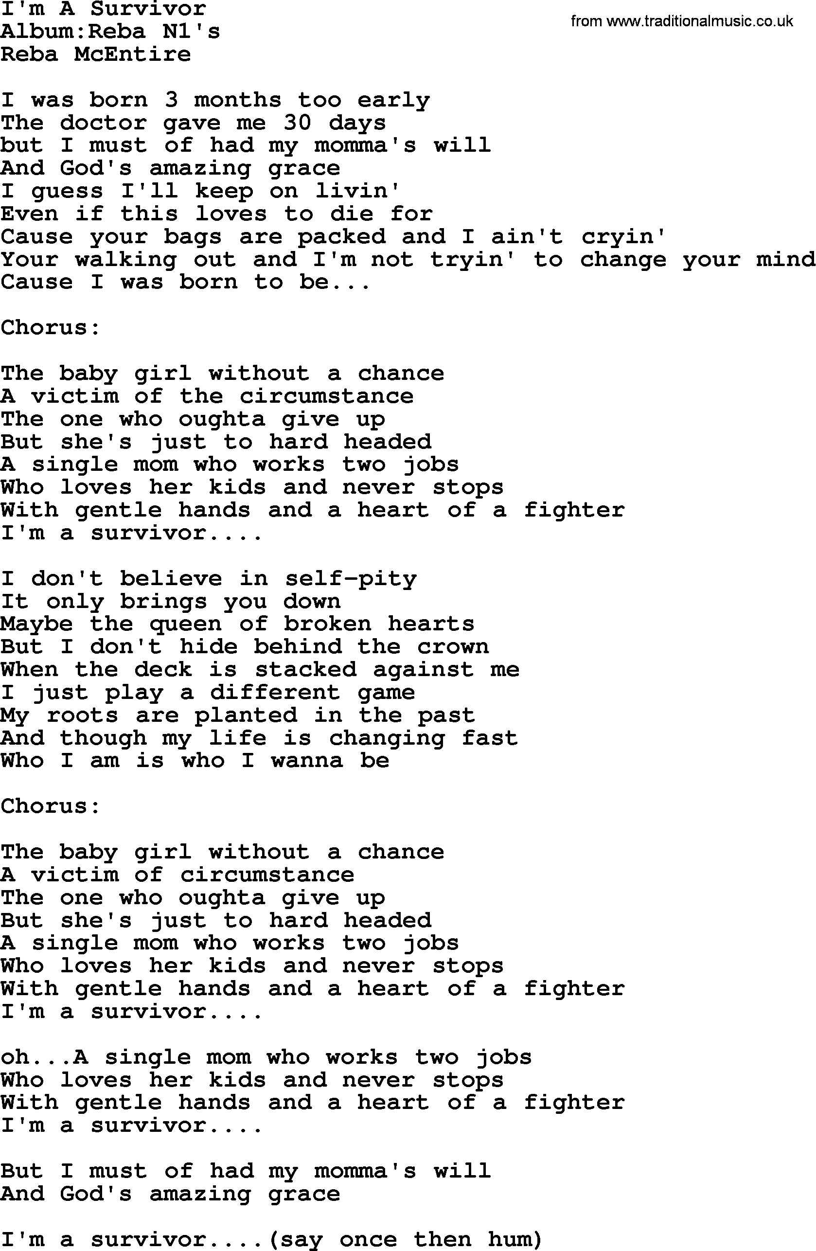 Reba McEntire song: I'm A Survivor lyrics