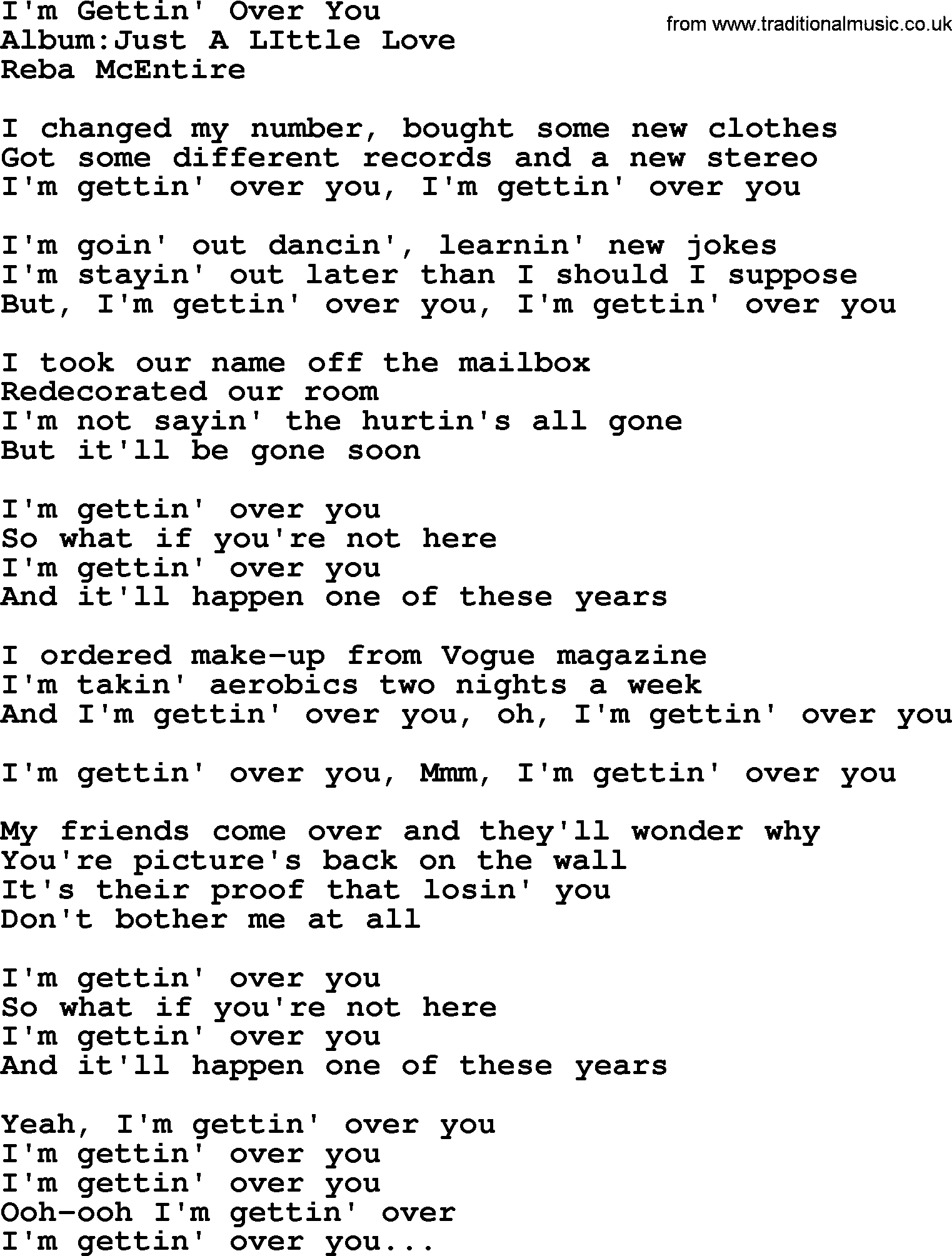 Reba McEntire song: I'm Gettin' Over You lyrics