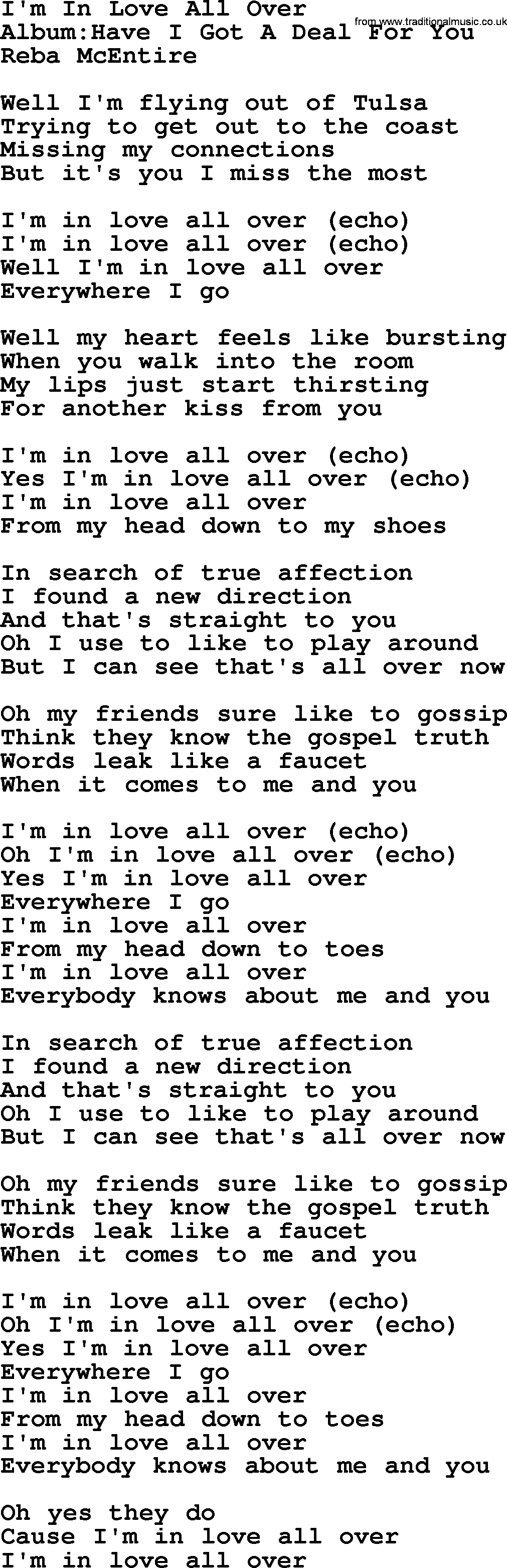 Reba McEntire song: I'm In Love All Over lyrics