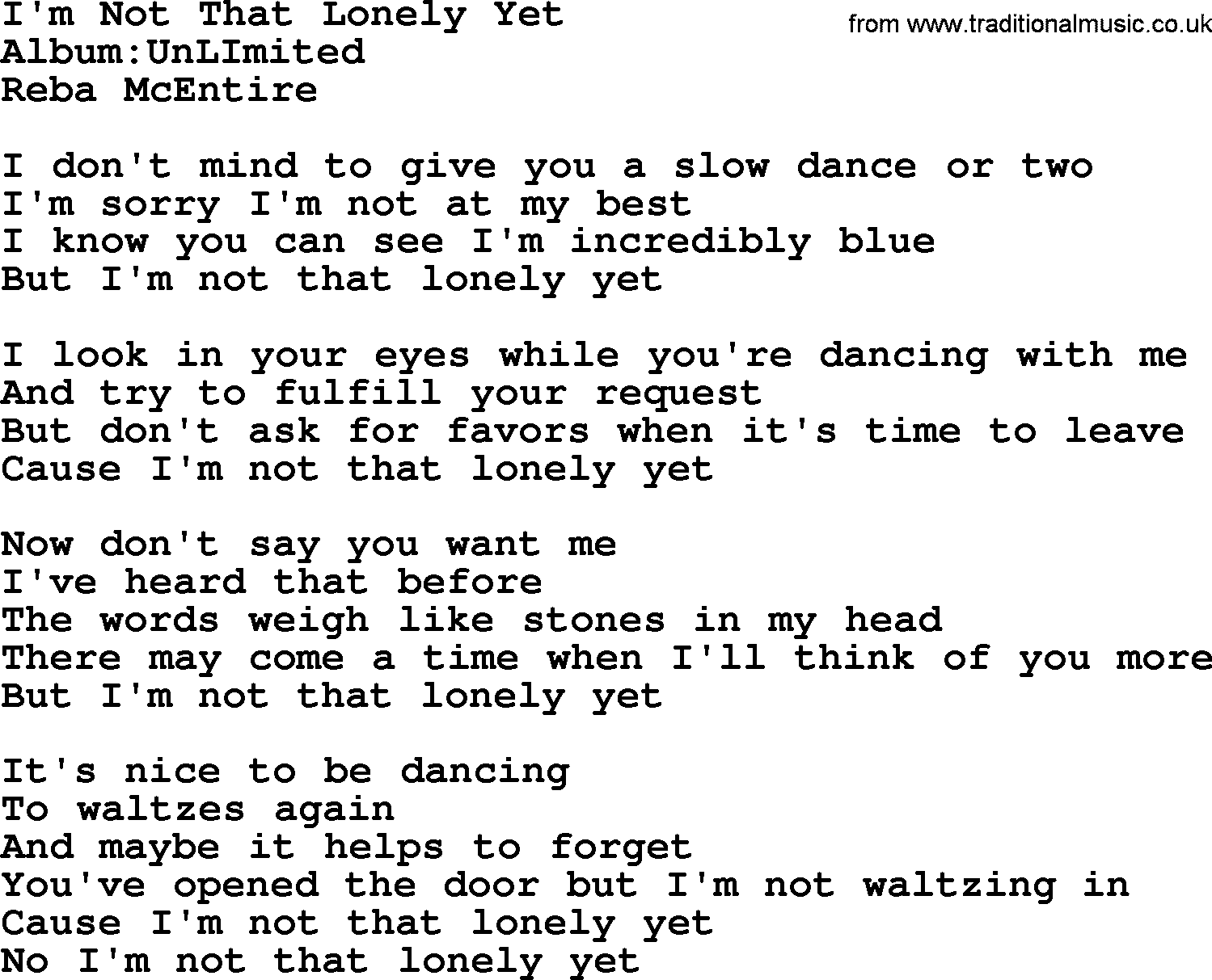 Reba McEntire song: I'm Not That Lonely Yet lyrics