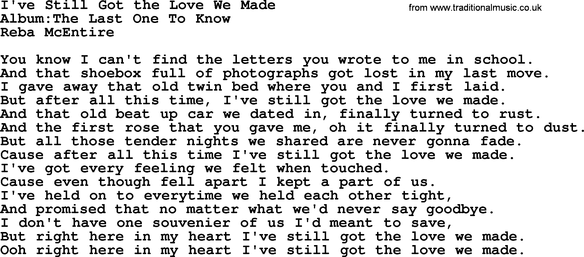 Reba McEntire song: I've Still Got the Love We Made lyrics
