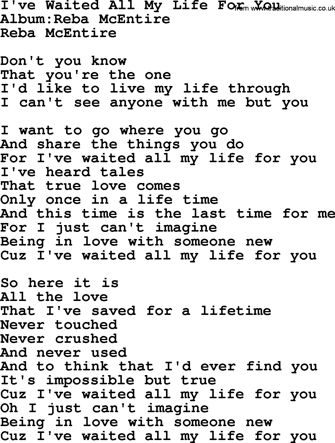 Reba McEntire song: I've Waited All My Life For You lyrics
