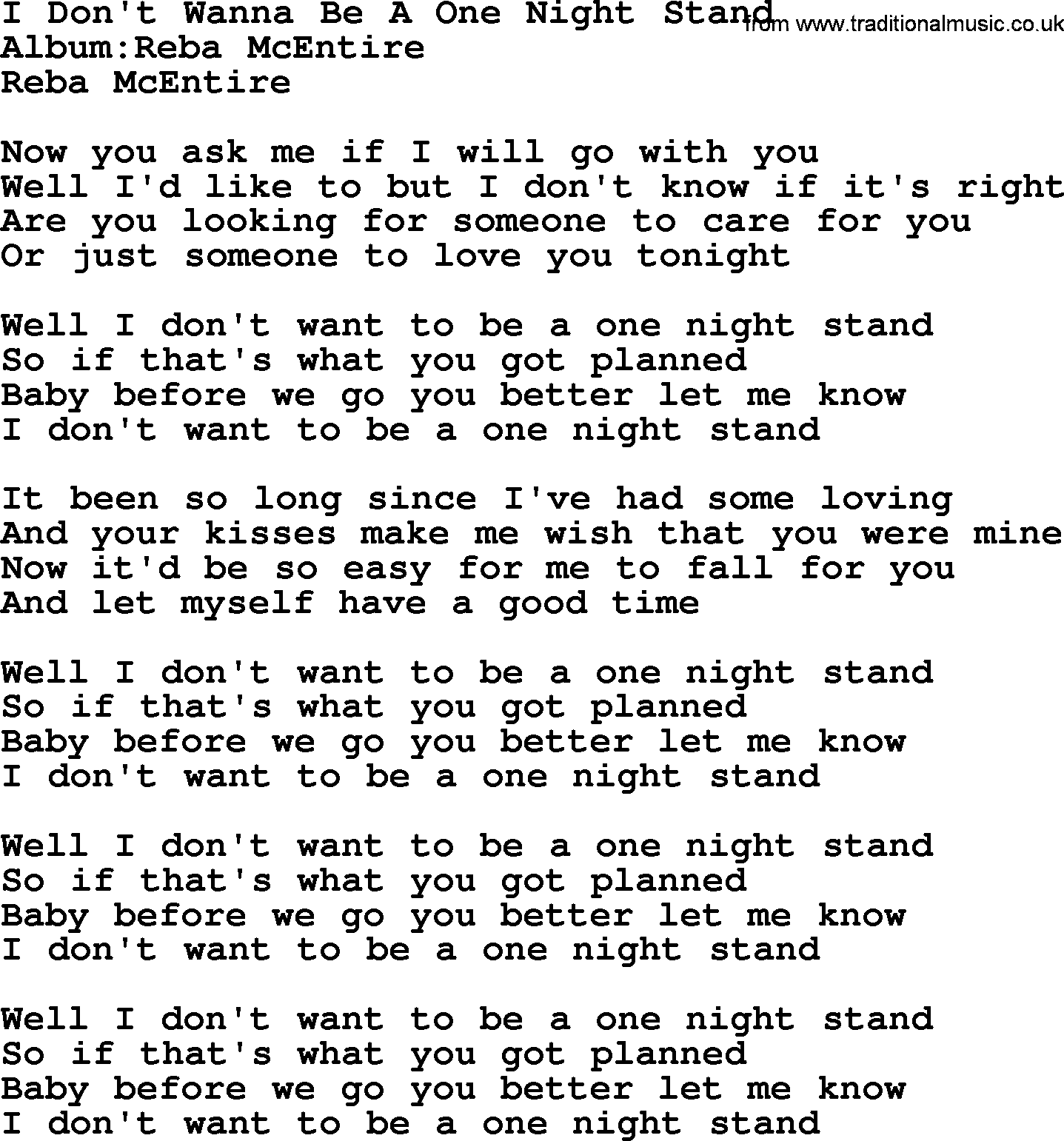 Reba McEntire song: I Don't Wanna Be A One Night Stand lyrics