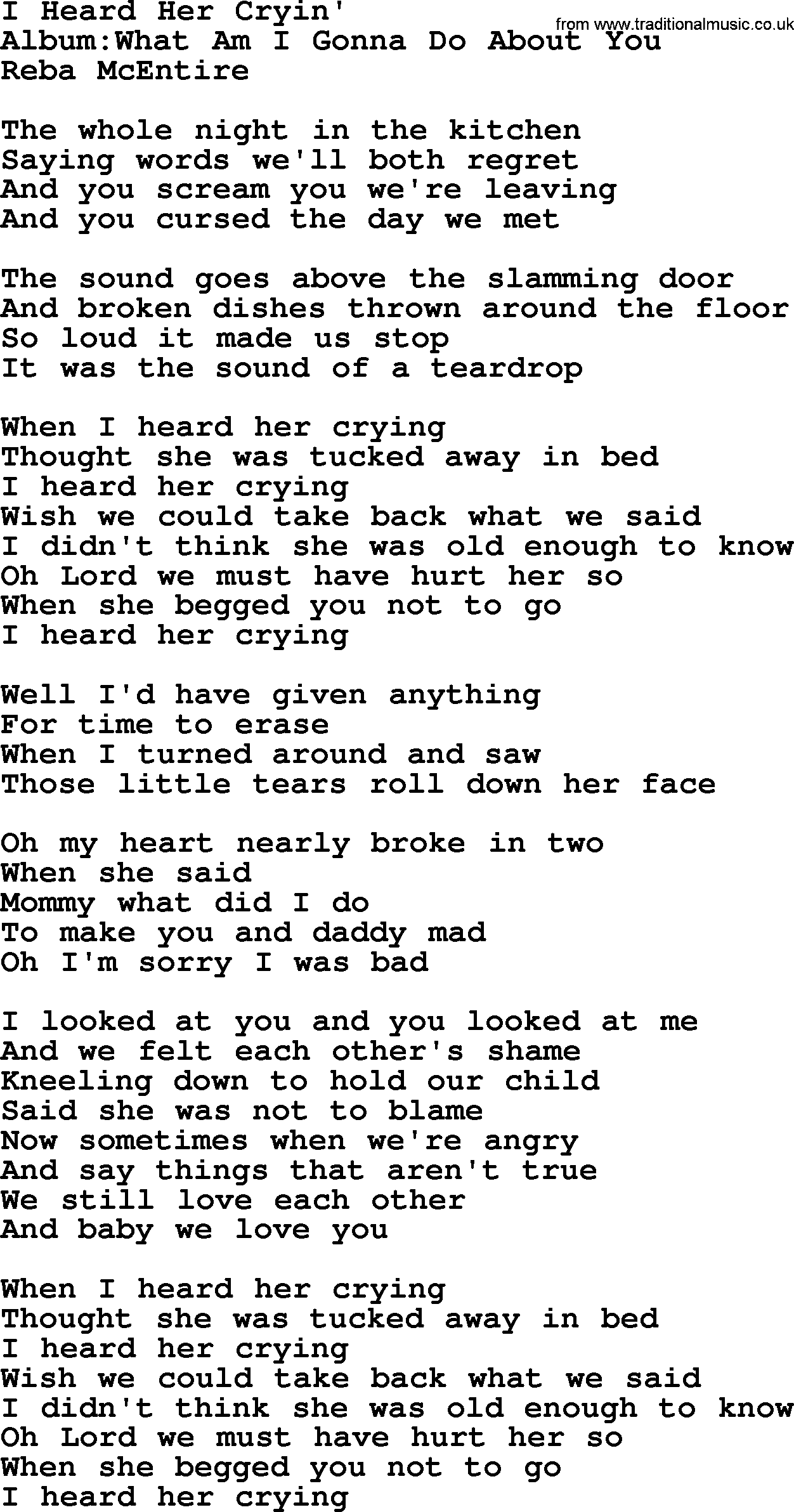 Reba McEntire song: I Heard Her Cryin' lyrics