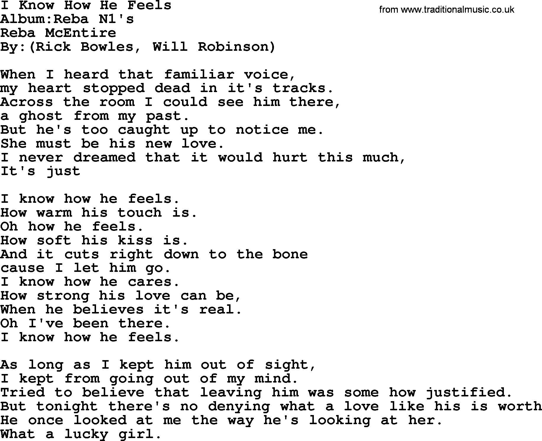 Reba McEntire song: I Know How He Feels lyrics