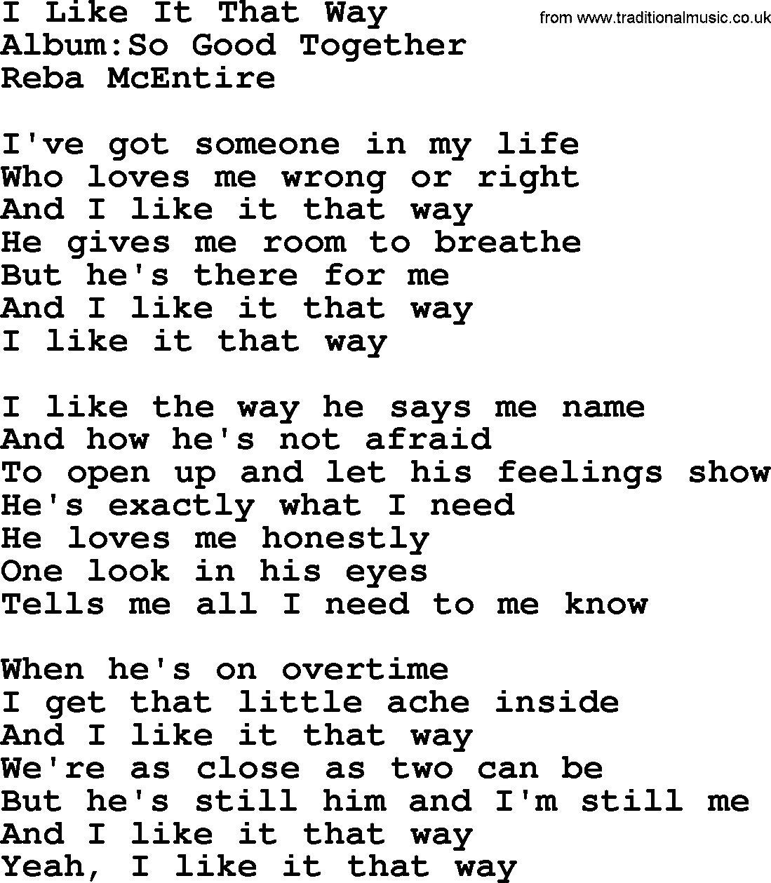 Reba McEntire song: I Like It That Way lyrics