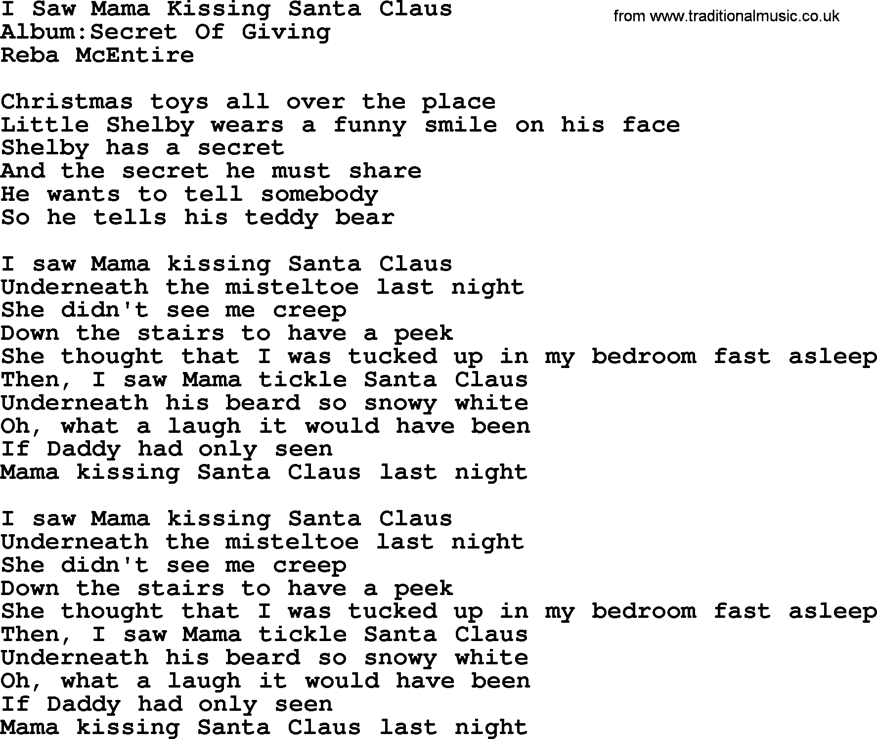 Reba McEntire song: I Saw Mama Kissing Santa Claus lyrics