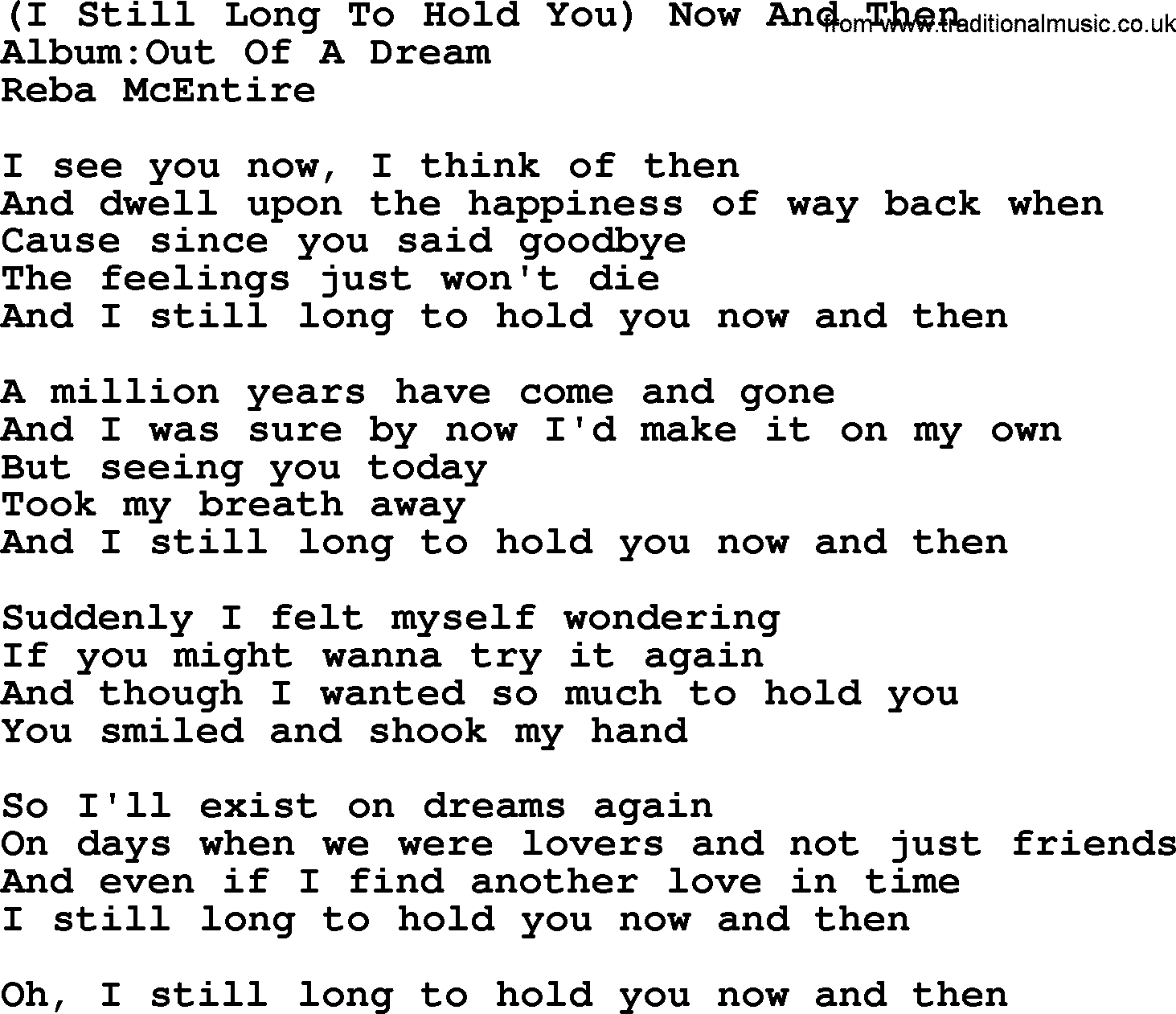 Reba McEntire song: I Still Long To Hold You Now And Then lyrics