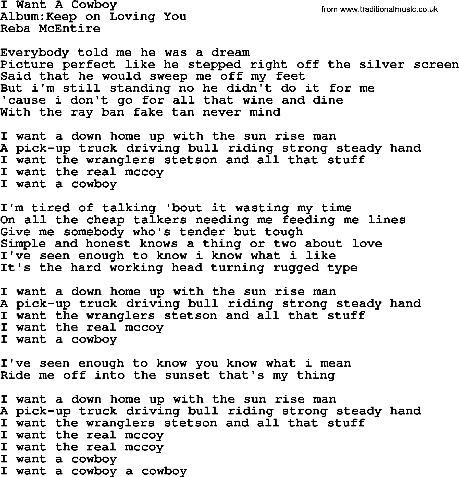 Reba McEntire song: I Want A Cowboy lyrics
