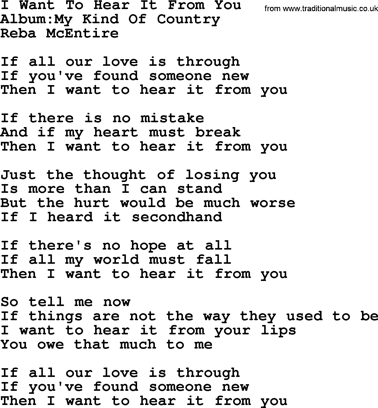 Reba McEntire song: I Want To Hear It From You lyrics