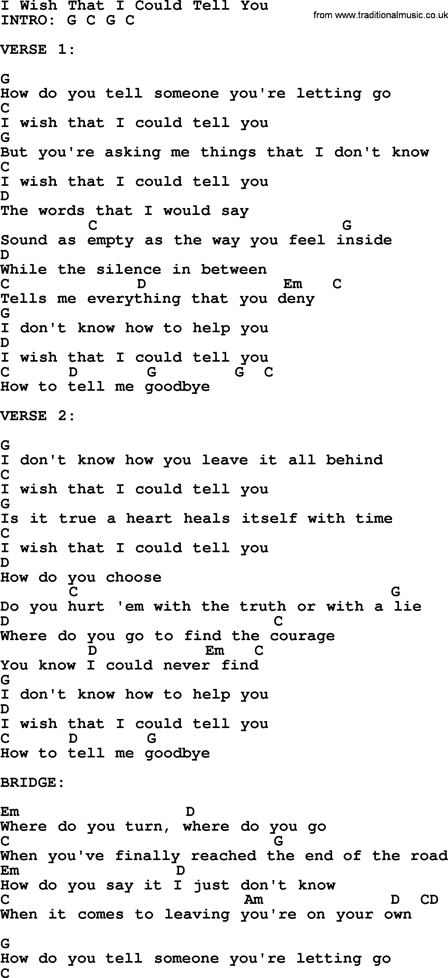 Reba McEntire song: I Wish That I Could Tell You, lyrics and chords