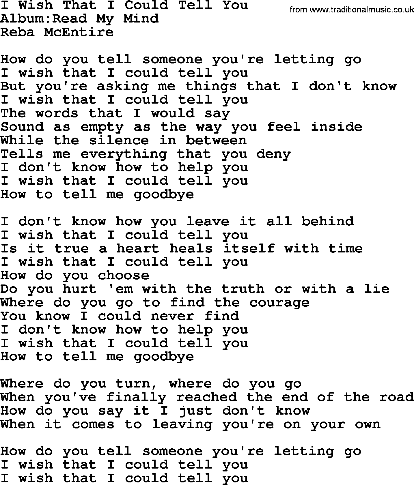 Reba McEntire song: I Wish That I Could Tell You lyrics