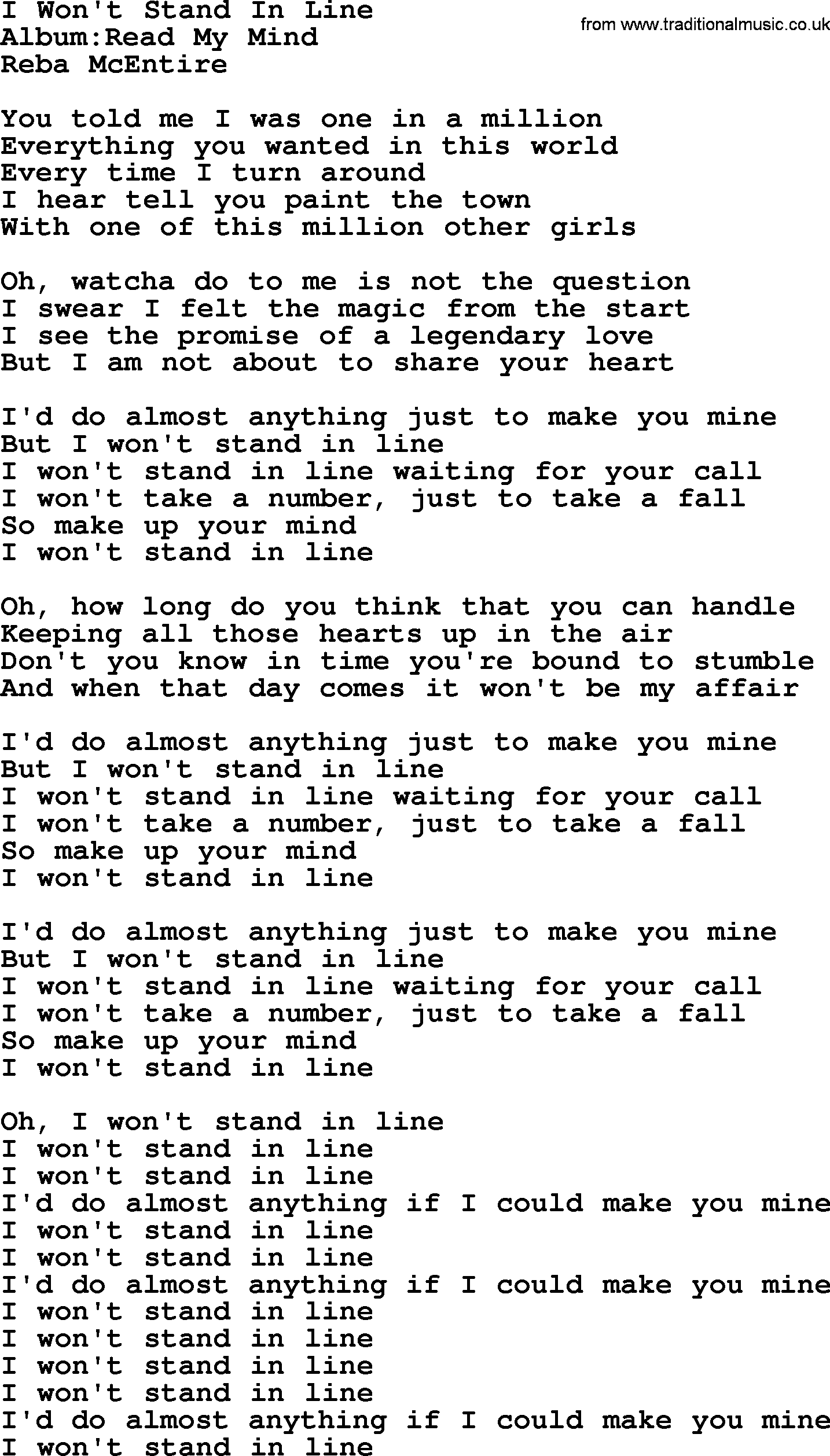 Reba McEntire song: I Won't Stand In Line lyrics