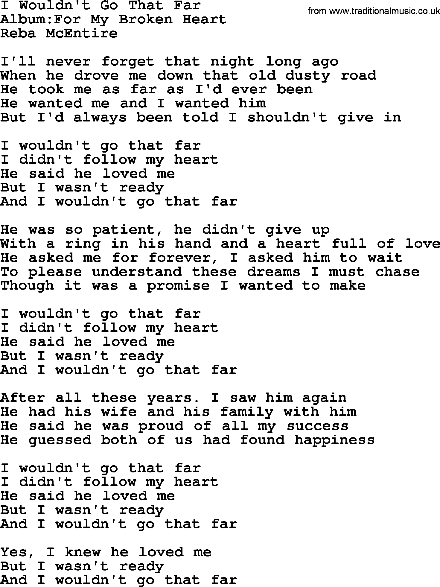 Reba McEntire song: I Wouldn't Go That Far lyrics