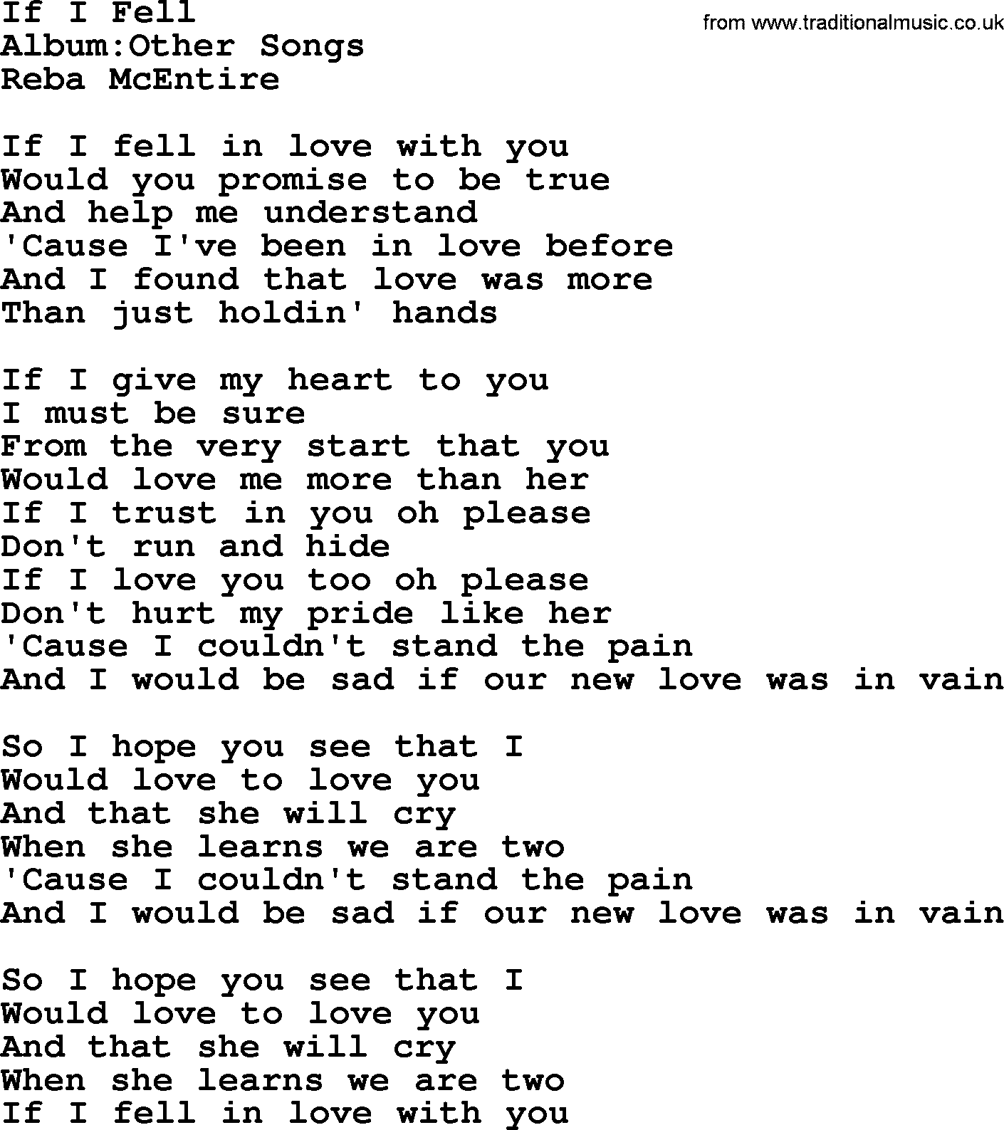 Reba McEntire song: If I Fell lyrics