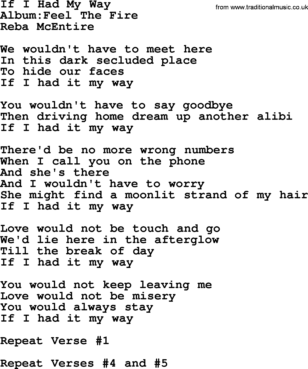 Reba McEntire song: If I Had My Way lyrics