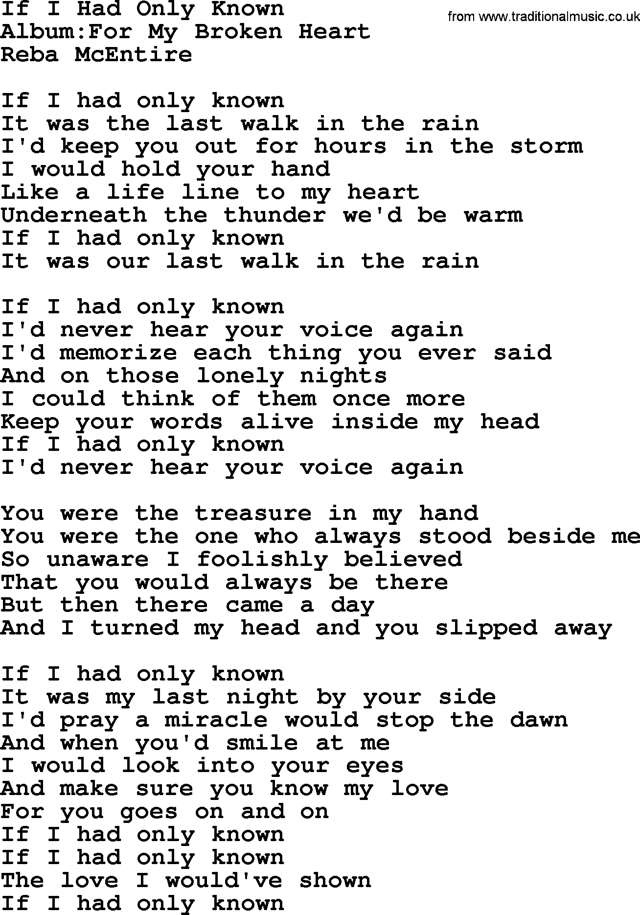 Reba McEntire song: If I Had Only Known lyrics