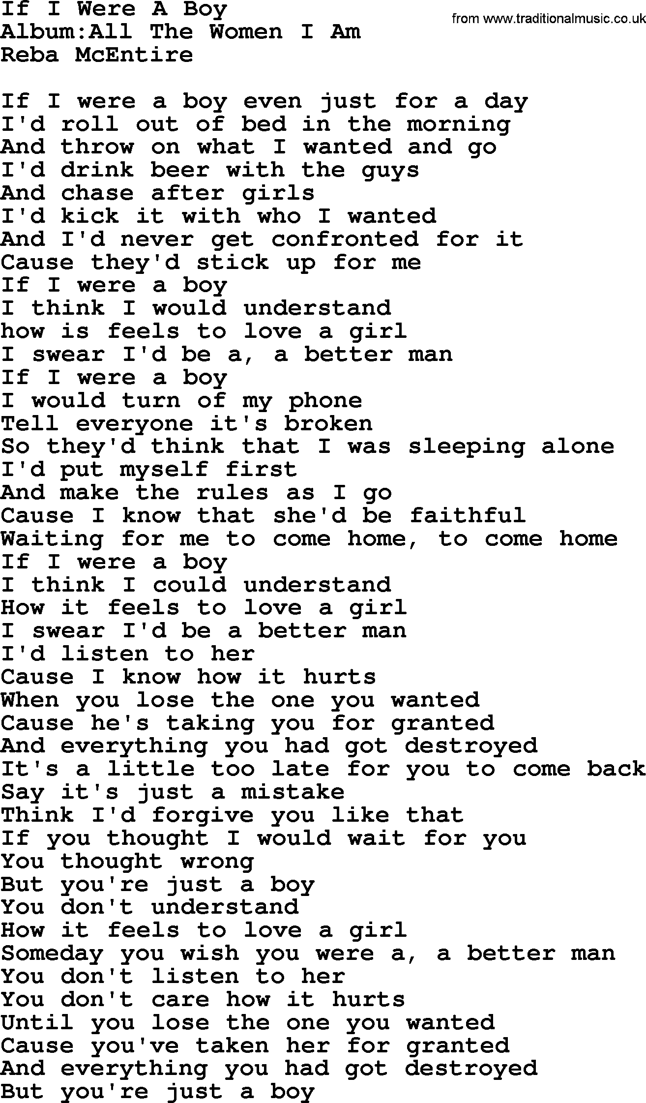 Reba McEntire song: If I Were A Boy lyrics